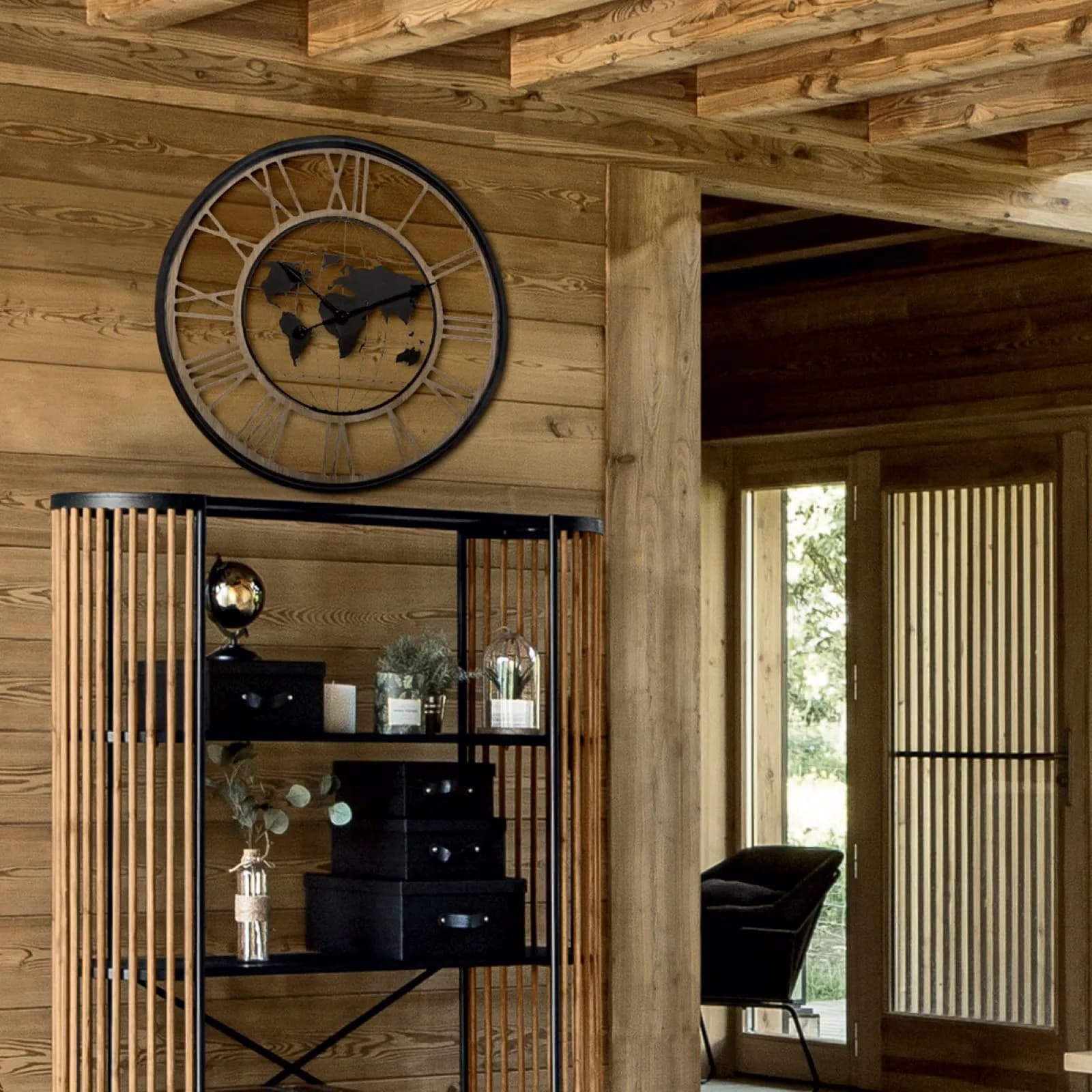 Orologio da parete rotondo 68 cm in acciaio e legno con mappamondo