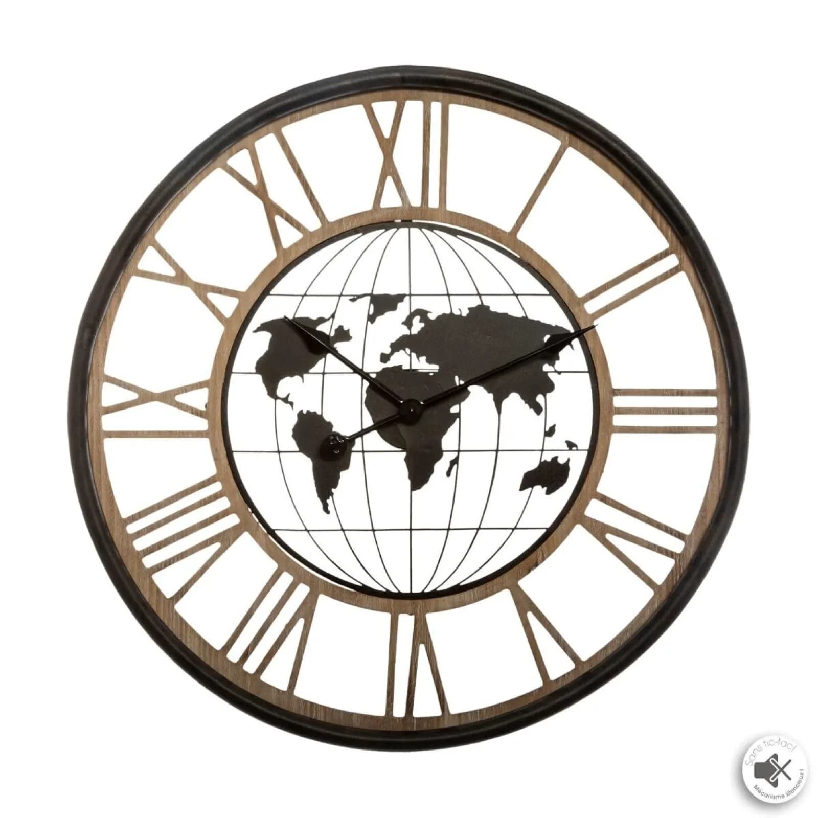 Orologio da parete rotondo 68 cm in acciaio e legno con mappamondo