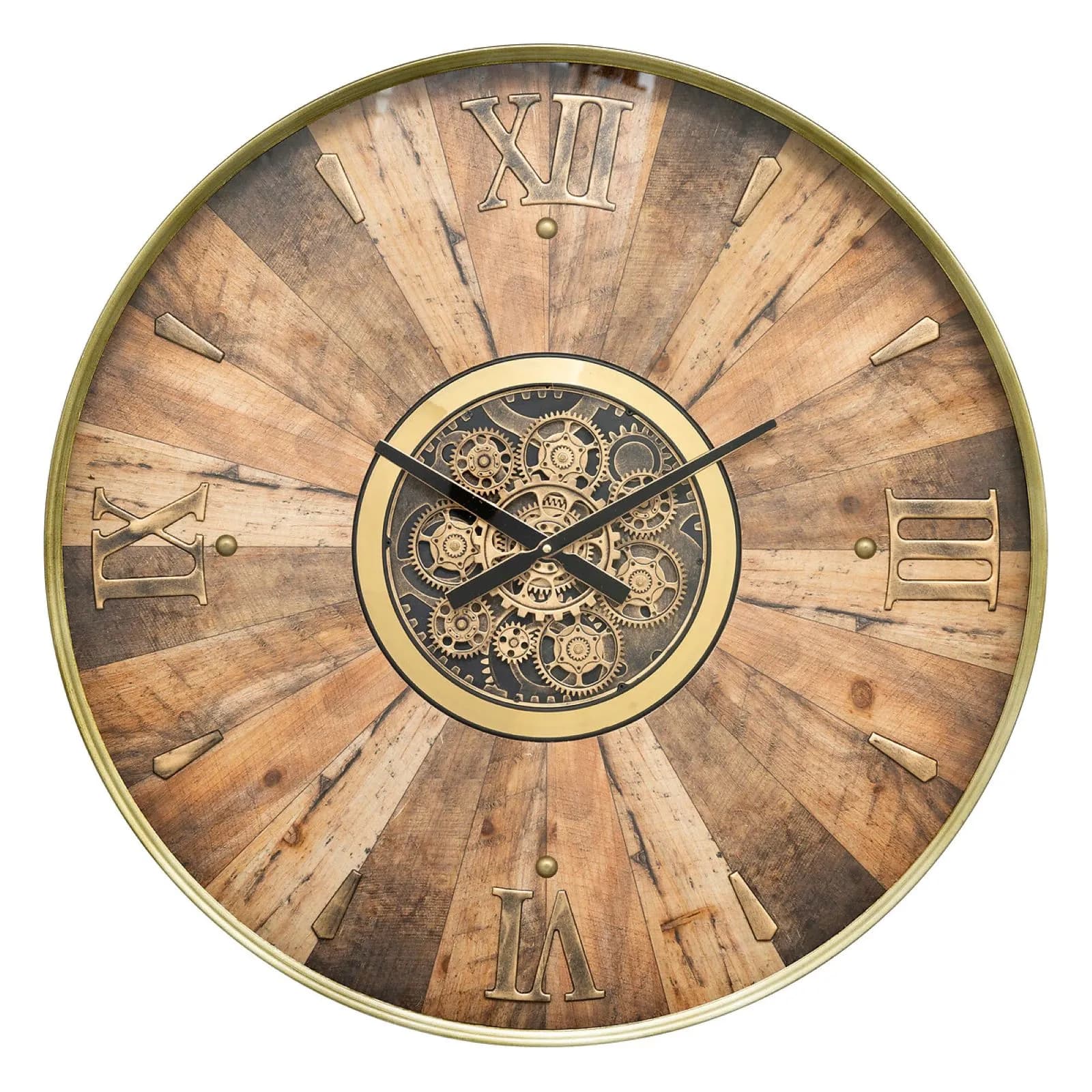 Orologio da parete rotondo 80 cm in legno e metallo oro con ingranaggi mobili
