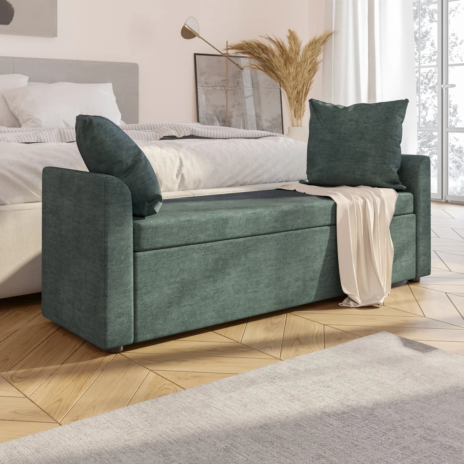 Panca contenitore 151x50h cm in tessuto verde salvia con cuscini inclusi - Levia