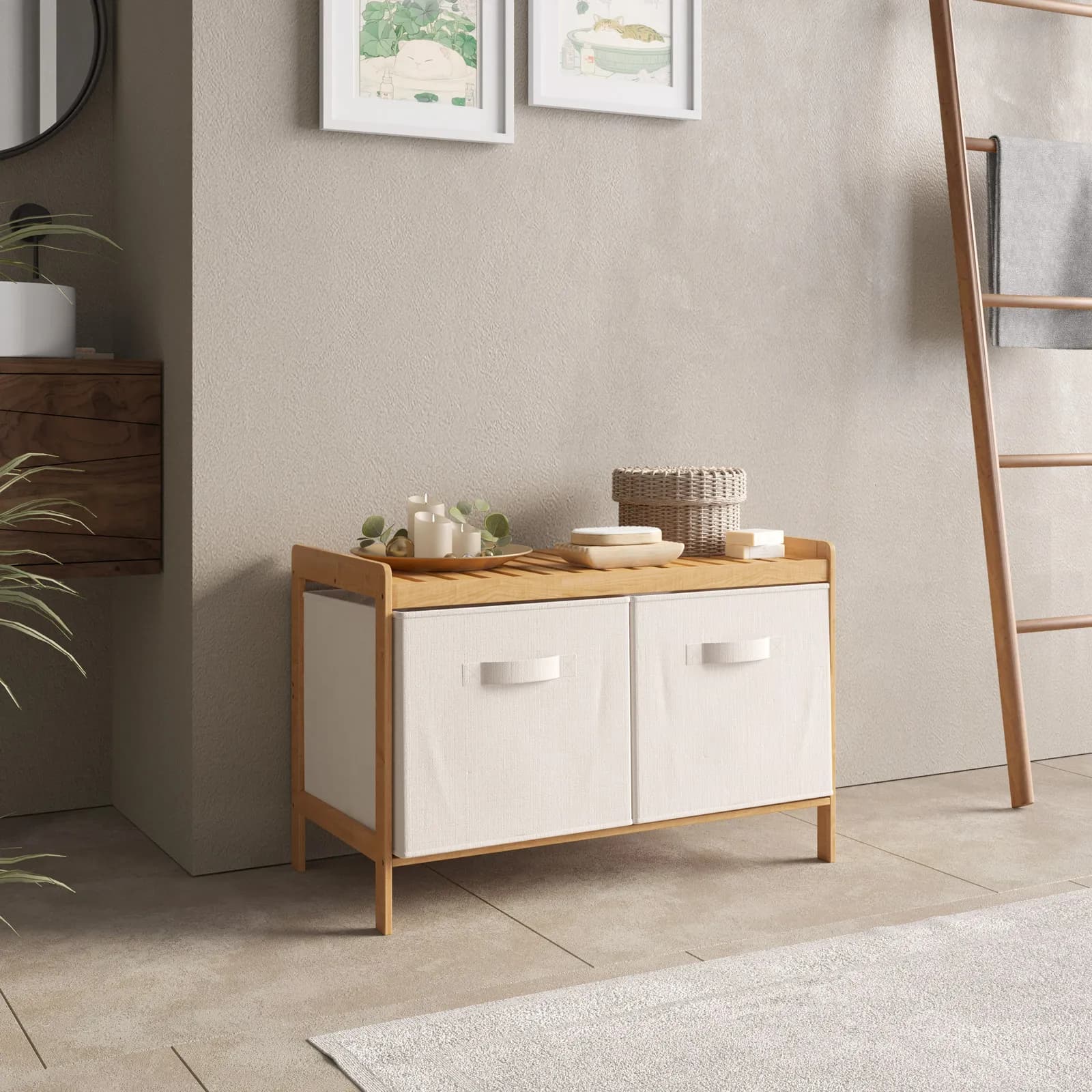 Panca contenitore 67x44h cm in bambù con 2 cassetti in tessuto bianco - Bragi