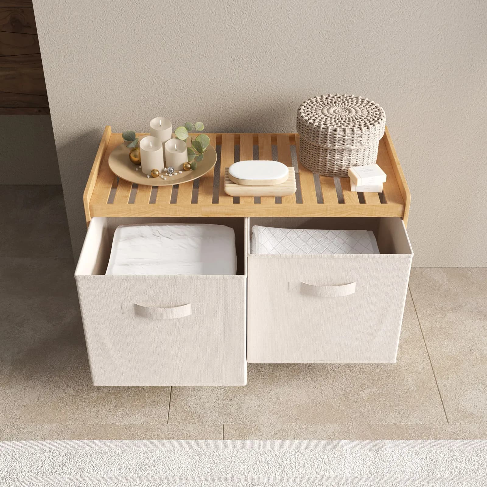Panca contenitore 67x44h cm in bambù con 2 cassetti in tessuto bianco - Bragi