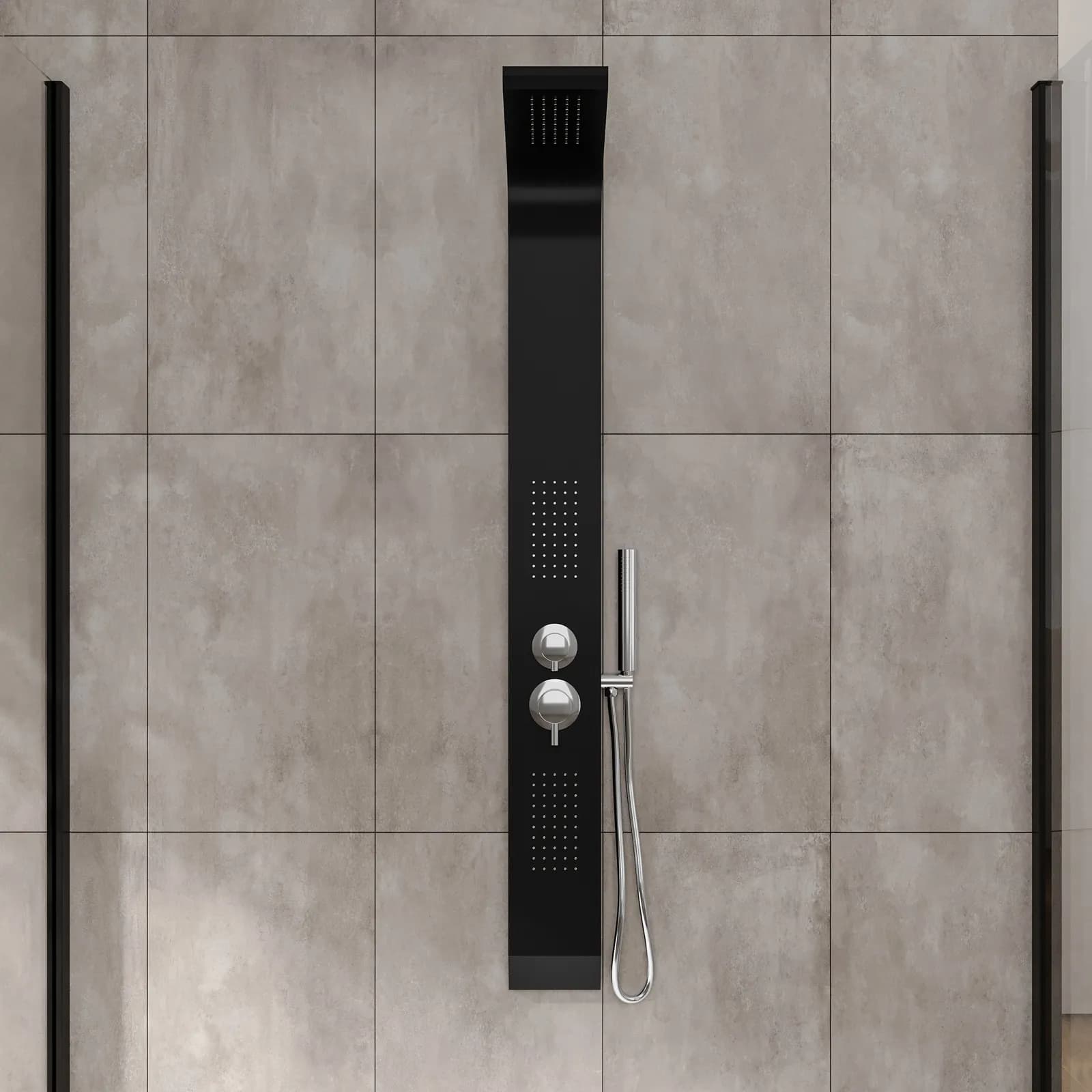 Pannello doccia in alluminio nero con miscelatore design minimal cromato - Alaska