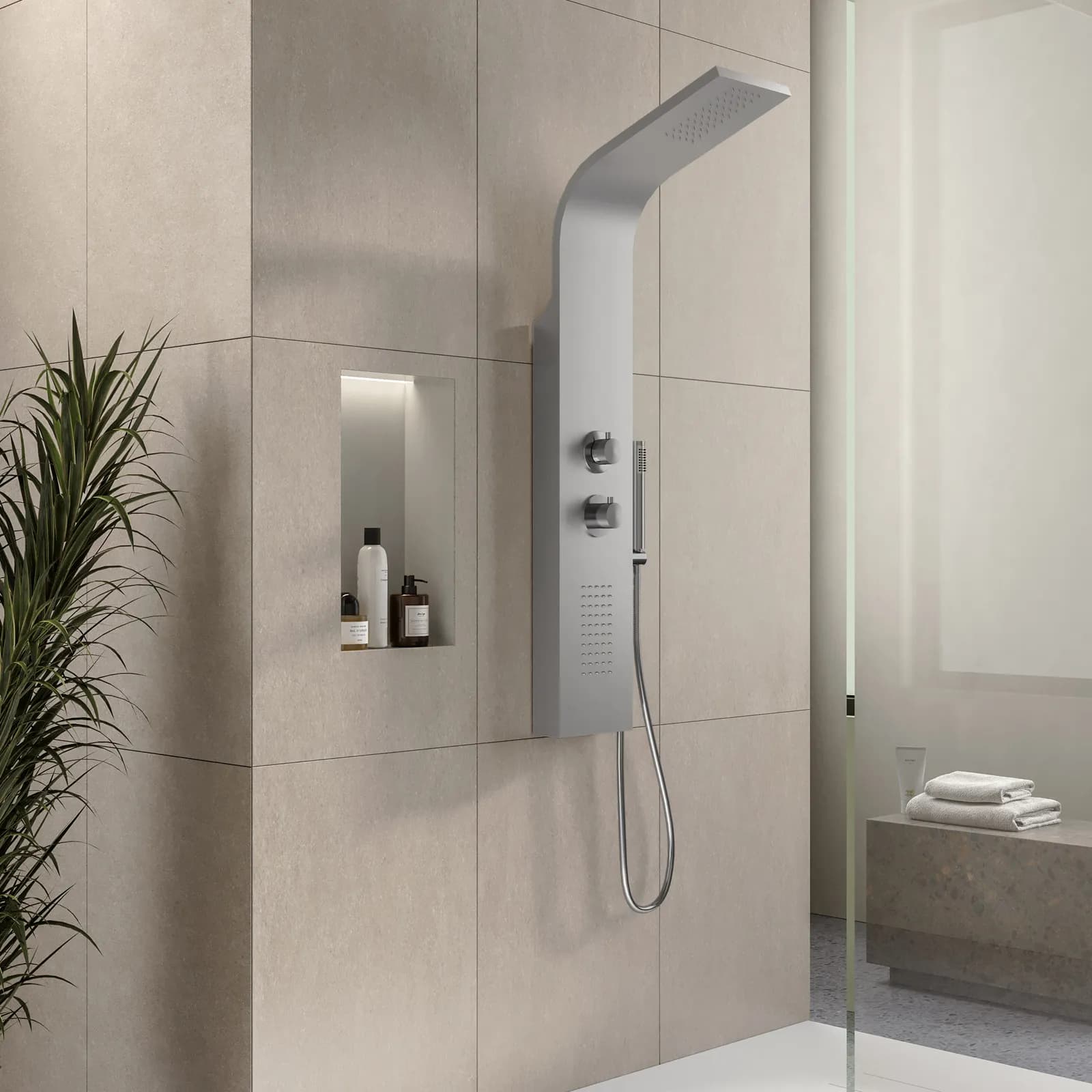 Pannello doccia termostatico in acciaio inox satinato getti idromassaggio - Swing