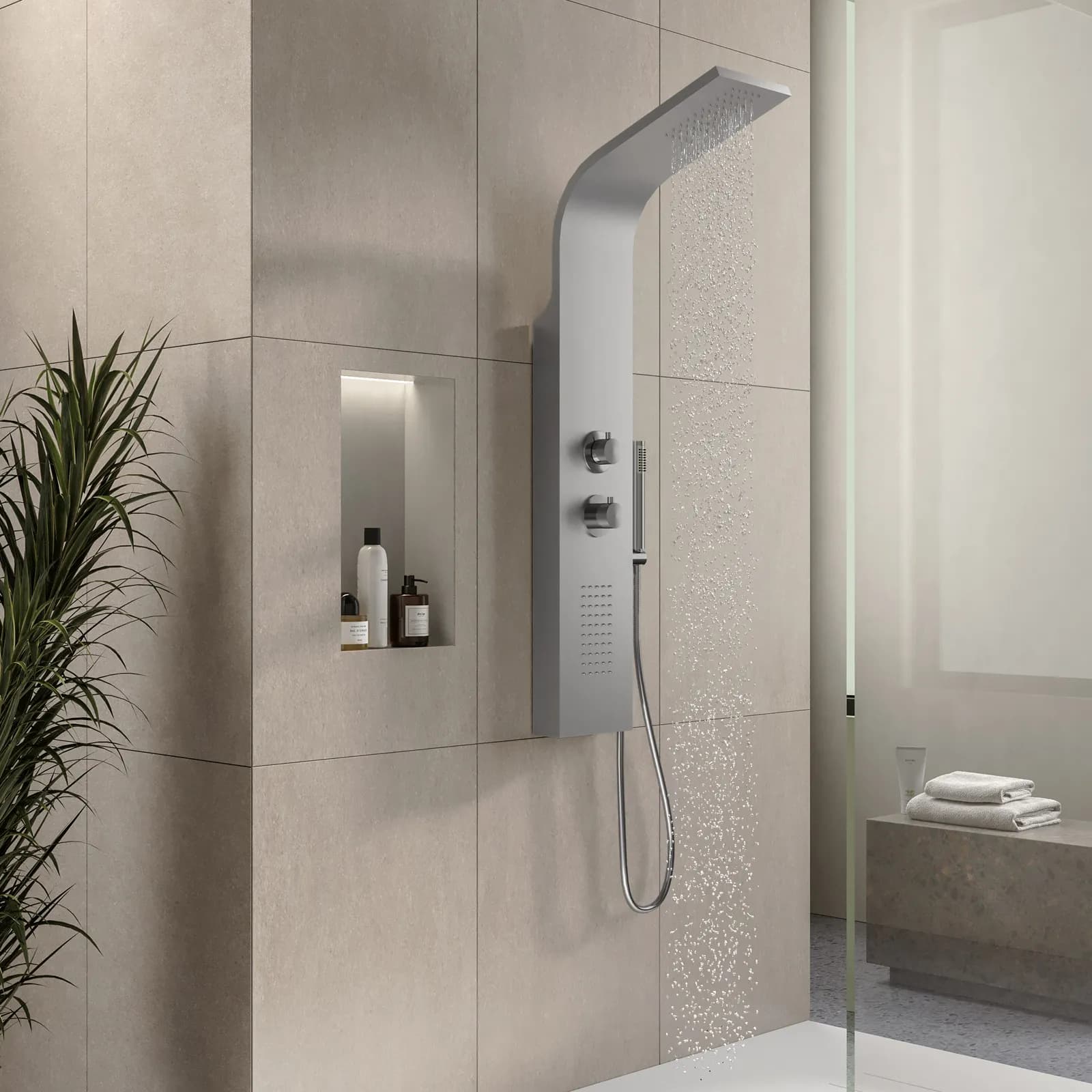 Pannello doccia termostatico in acciaio inox satinato getti idromassaggio - Swing