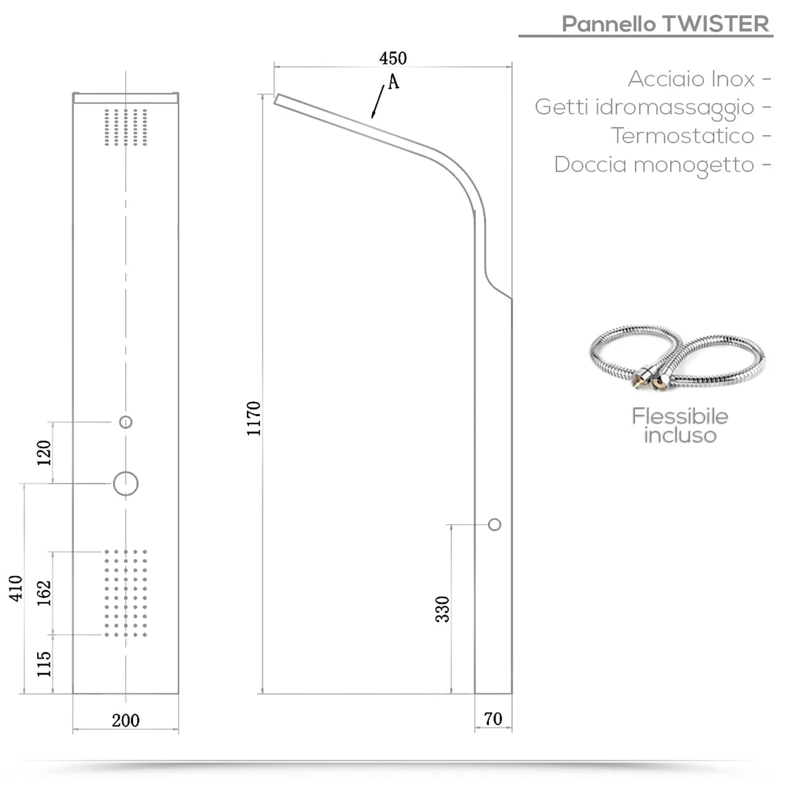 Pannello doccia termostatico in acciaio inox satinato getti idromassaggio - Swing