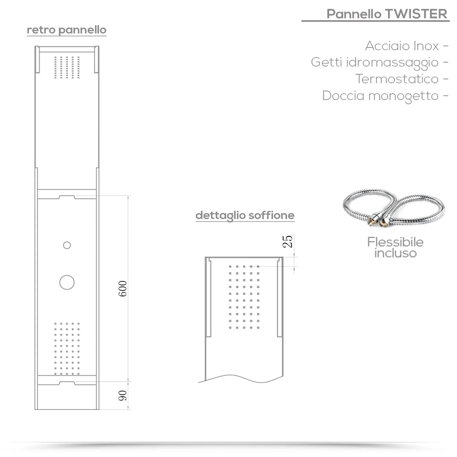Pannello doccia termostatico in acciaio inox satinato getti idromassaggio - Swing