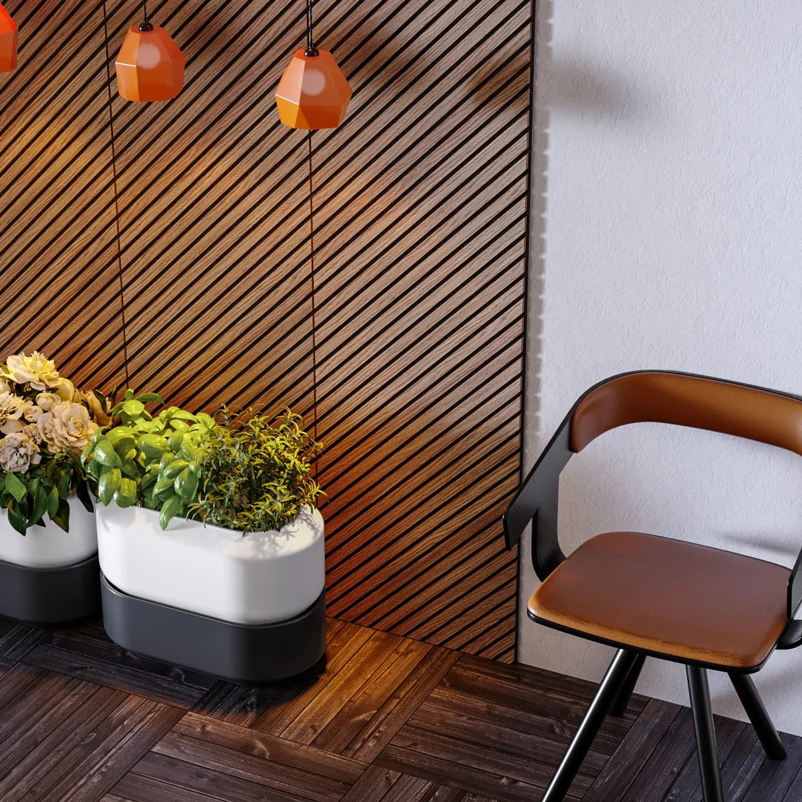 Pannello fonoassorbente boiserie 60x240h cm nero con listelli obliqui rovere scuro - Bjorn