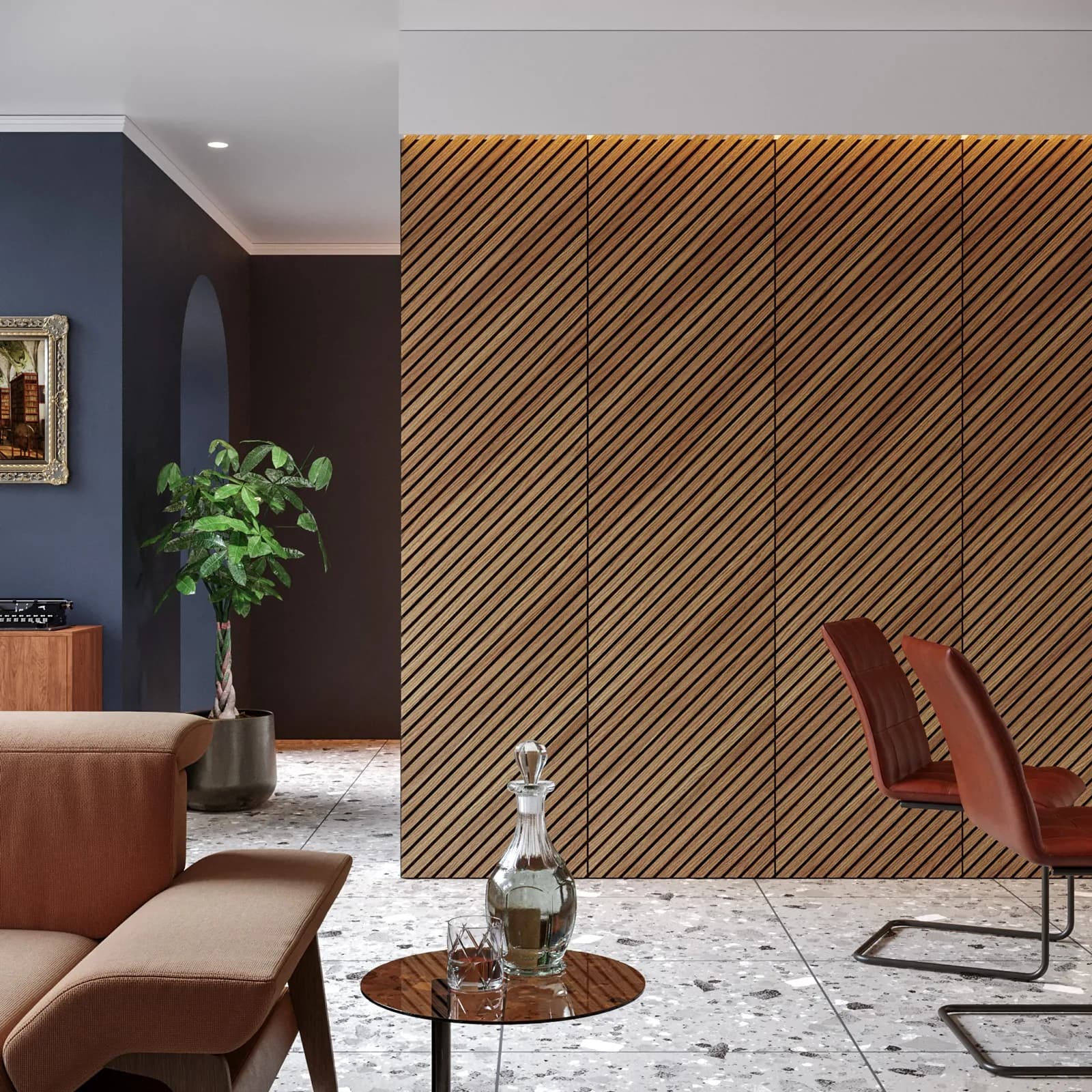 Pannello fonoassorbente boiserie 60x240h cm nero con listelli obliqui rovere scuro - Bjorn