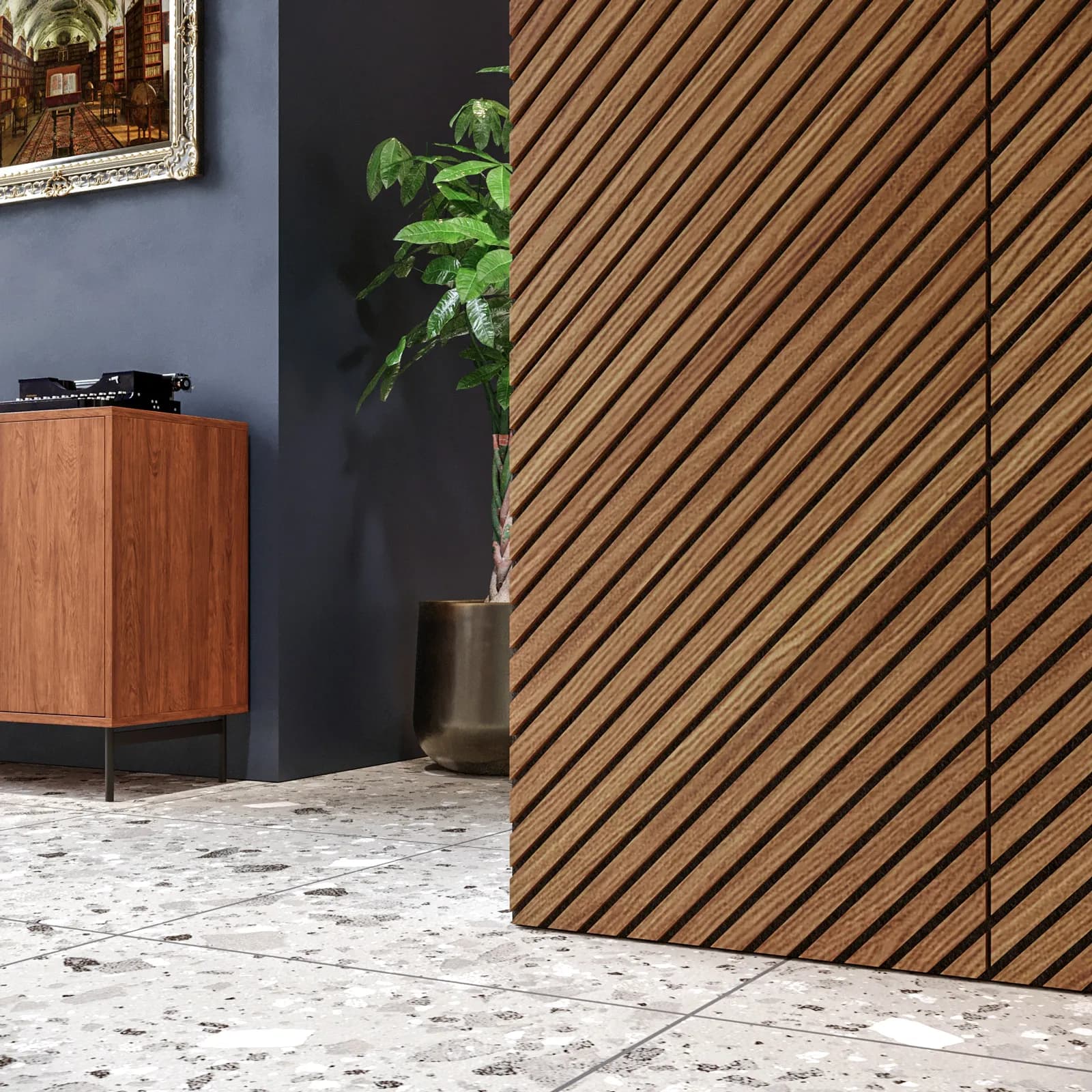 Pannello fonoassorbente boiserie 60x240h cm nero con listelli obliqui rovere scuro - Bjorn