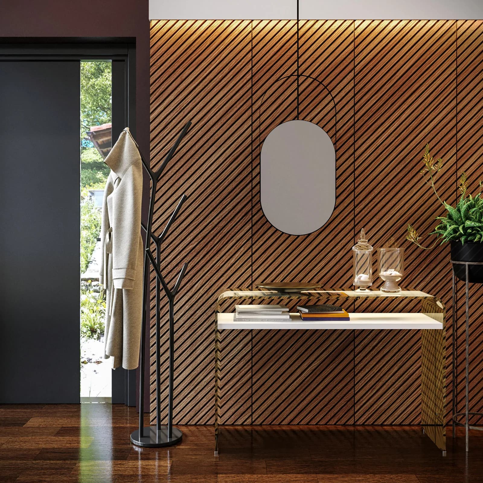 Pannello fonoassorbente boiserie 60x240h cm nero con listelli obliqui rovere scuro - Bjorn