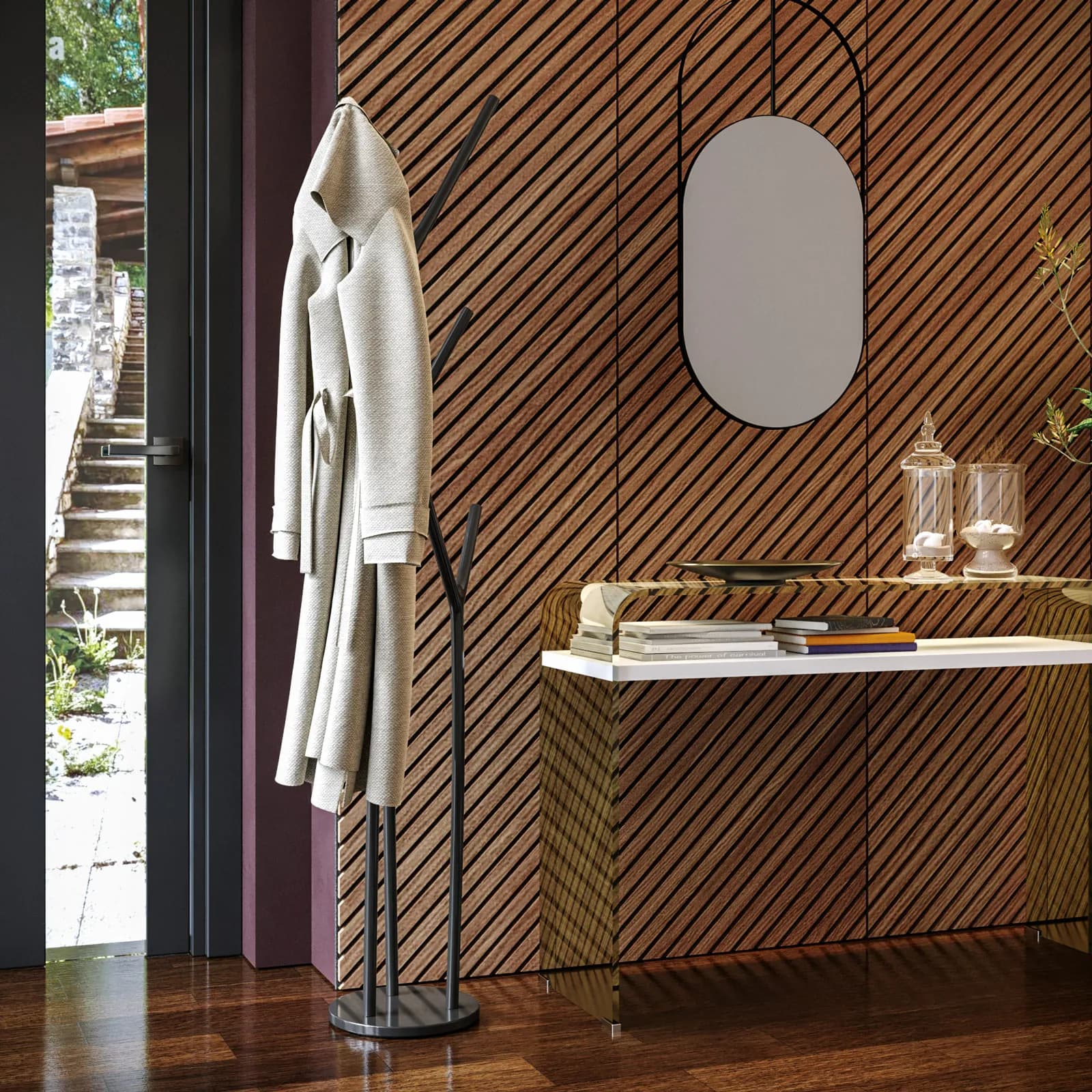 Pannello fonoassorbente boiserie 60x240h cm nero con listelli obliqui rovere scuro - Bjorn