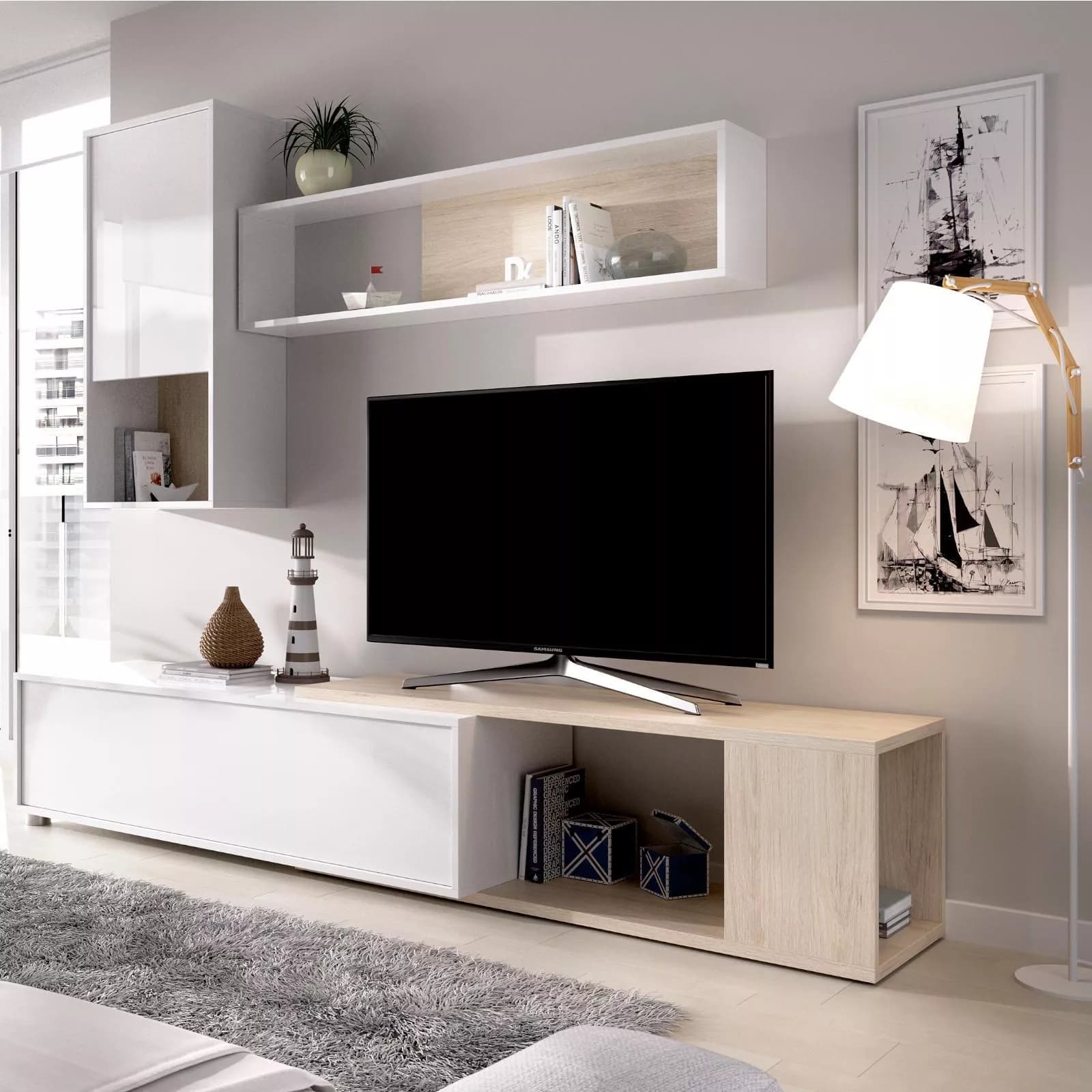 Parete attrezzata 180-230 cm in legno bianco lucido e naturale - Macy