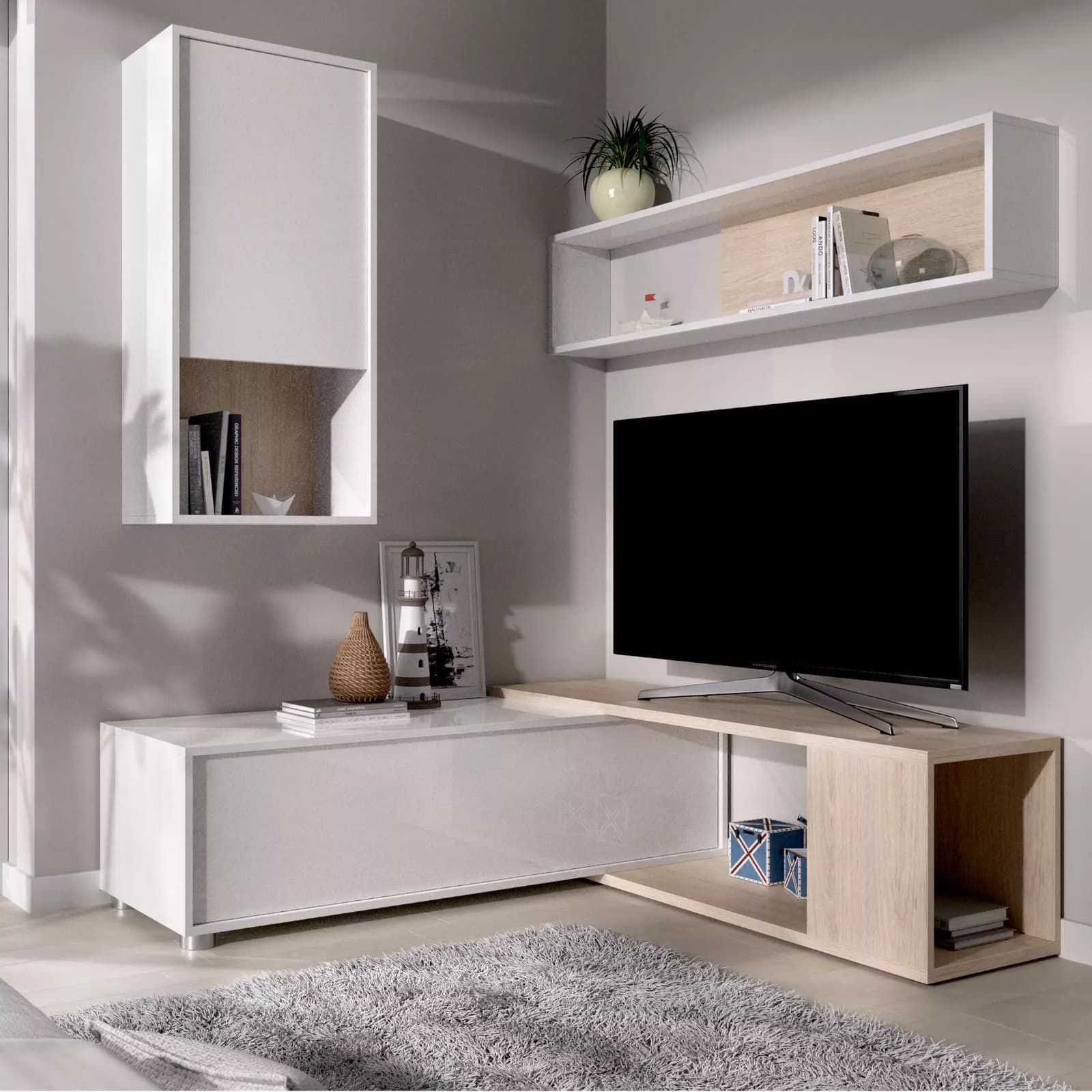 Parete attrezzata 180-230 cm in legno bianco lucido e naturale - Macy