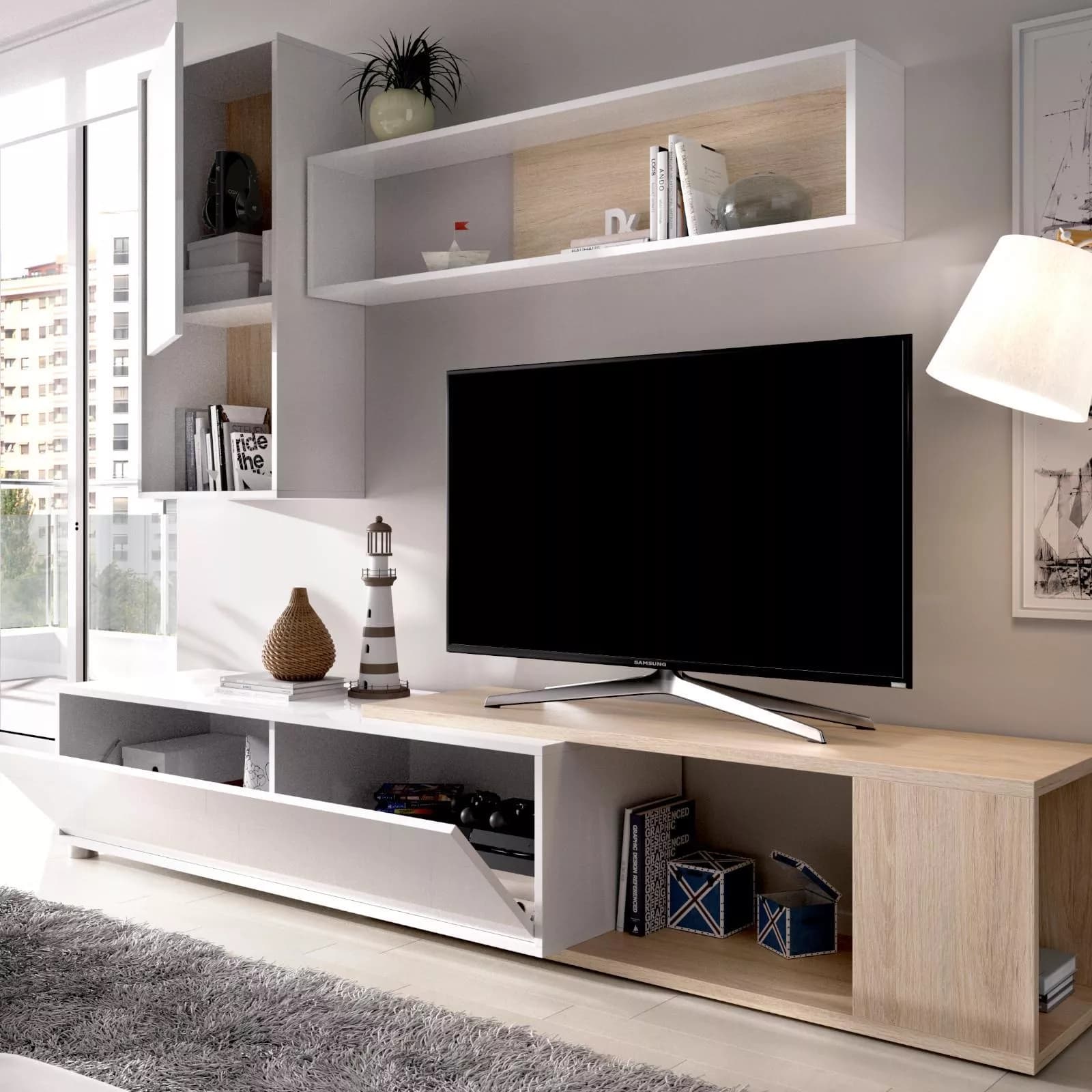Parete attrezzata 180-230 cm in legno bianco lucido e naturale - Macy