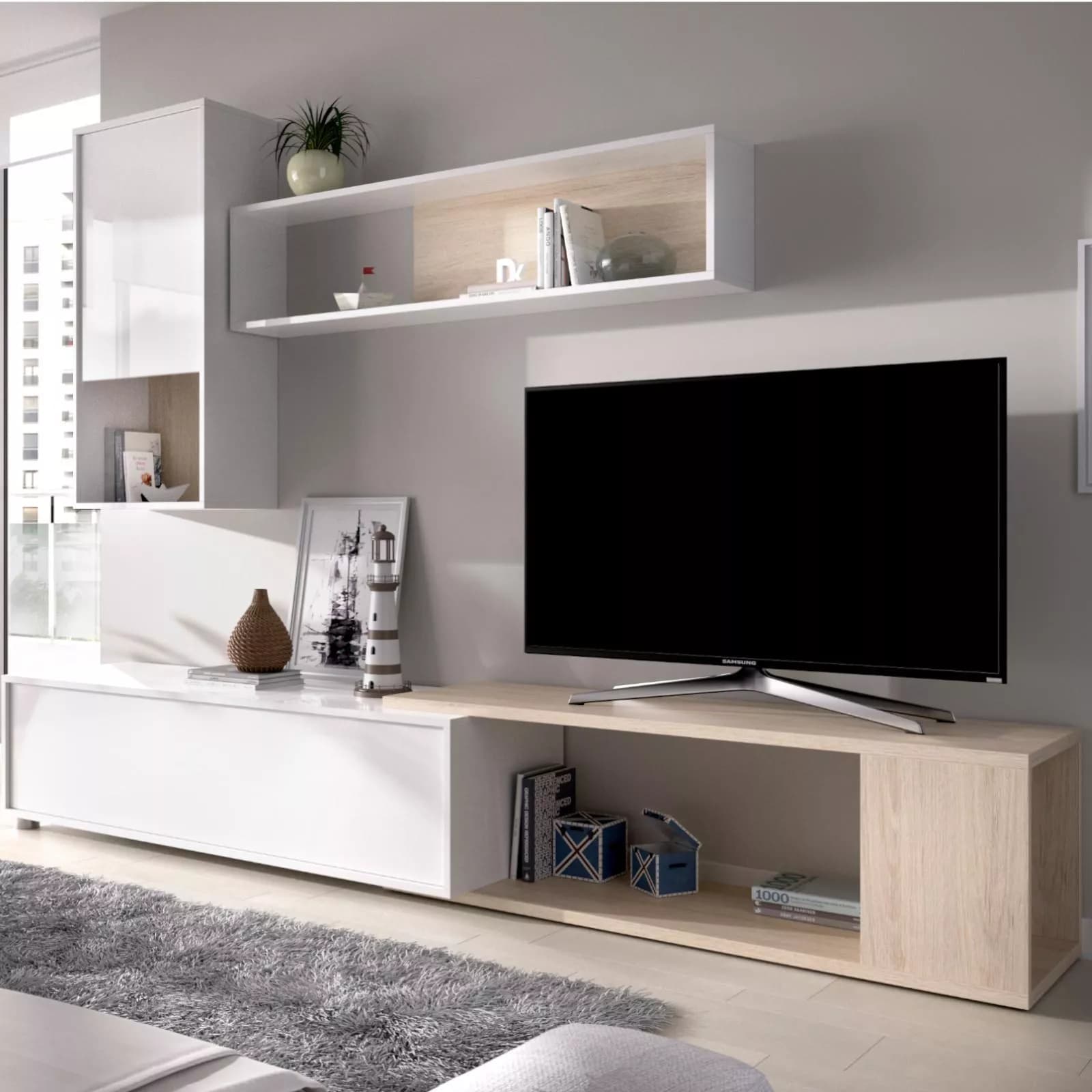 Parete attrezzata 180-230 cm in legno bianco lucido e naturale - Macy