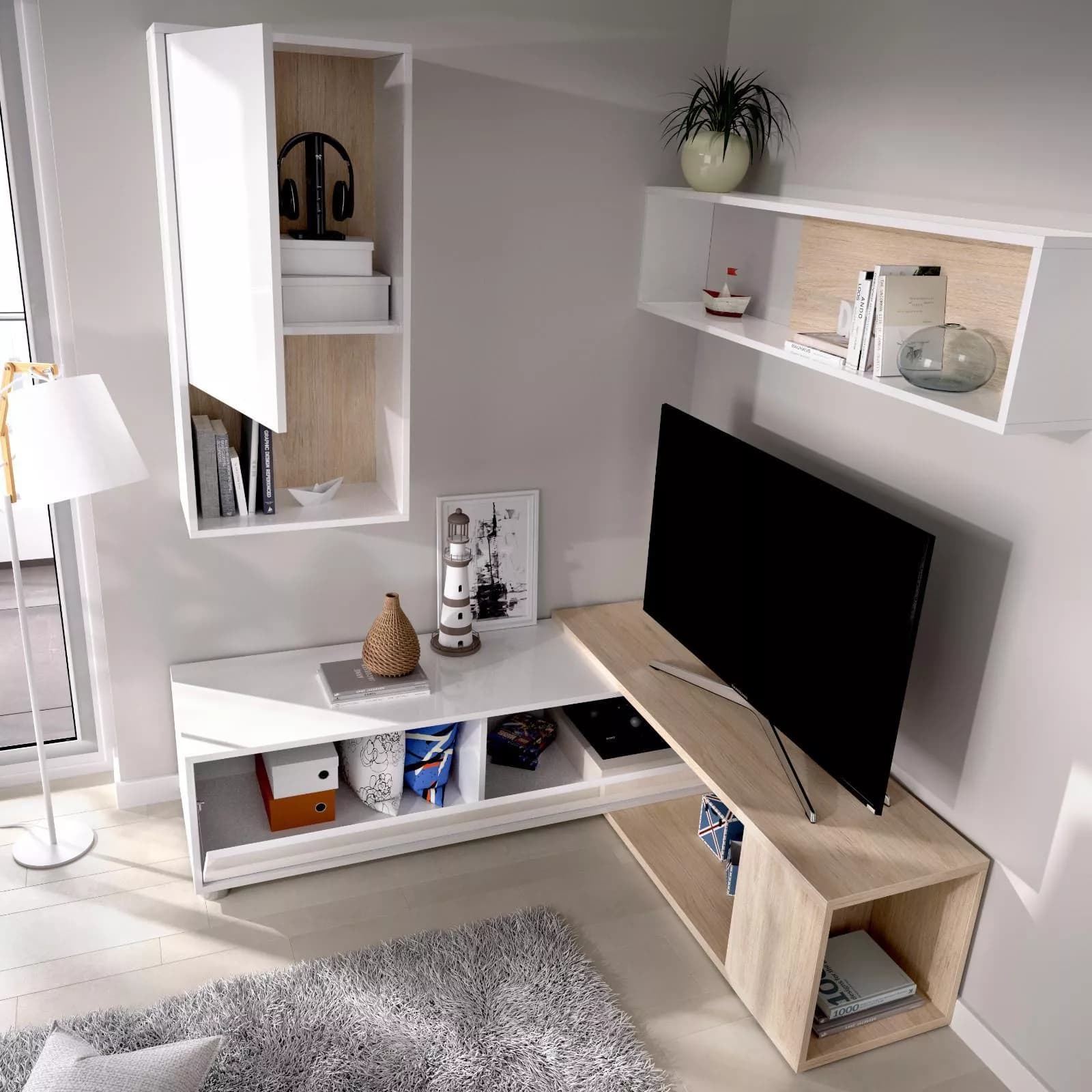 Parete attrezzata 180-230 cm in legno bianco lucido e naturale - Macy