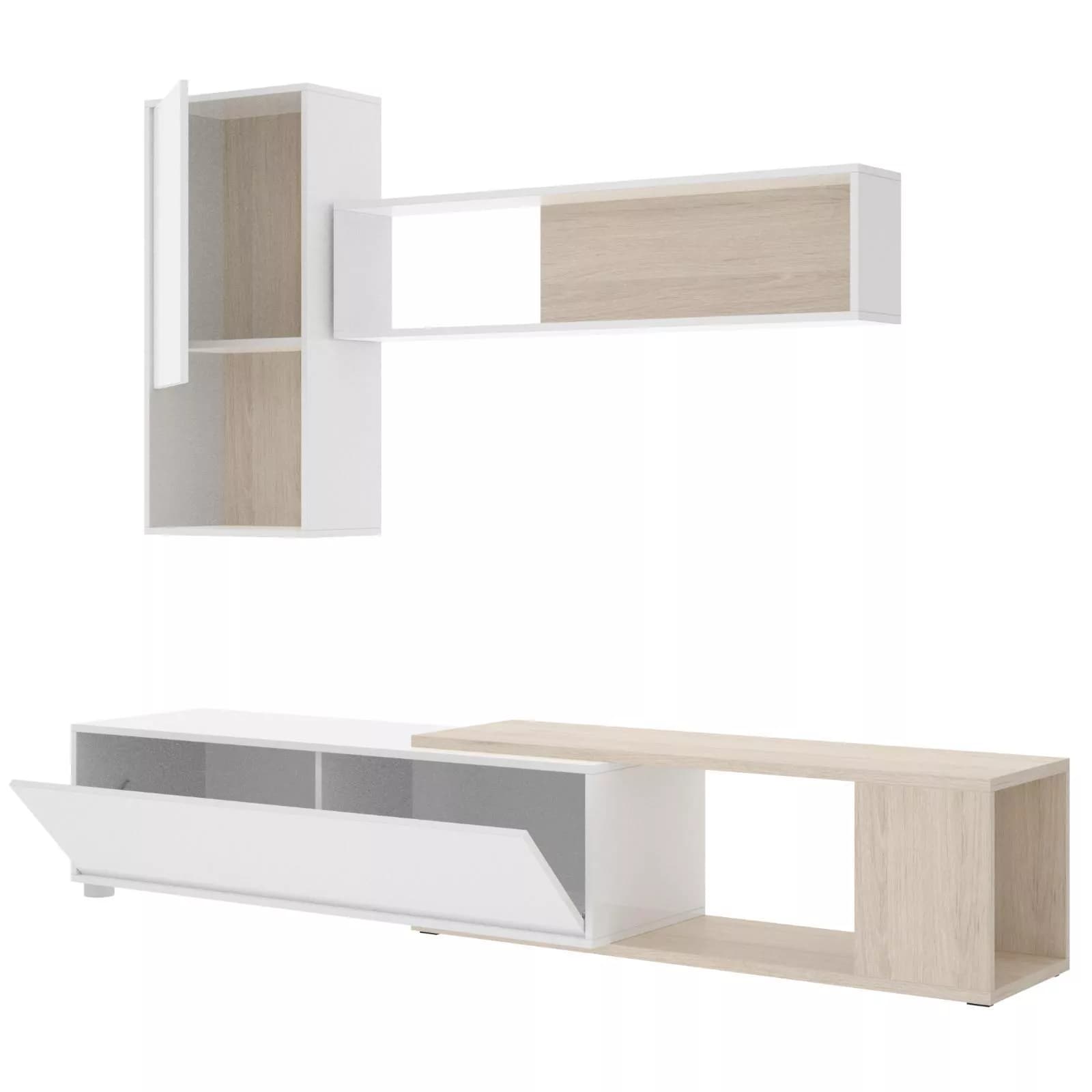 Parete attrezzata 180-230 cm in legno bianco lucido e naturale - Macy