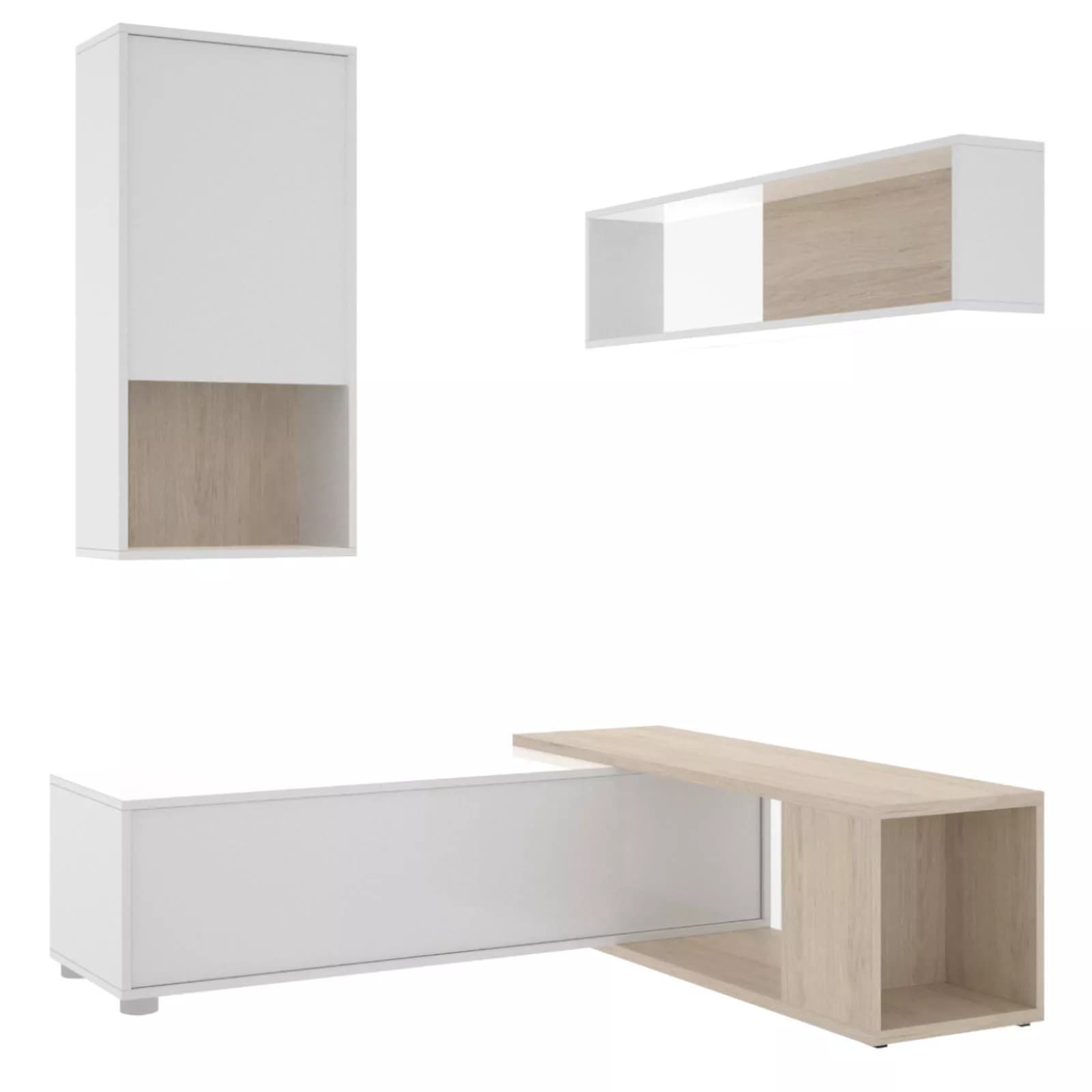 Parete attrezzata 180-230 cm in legno bianco lucido e naturale - Macy