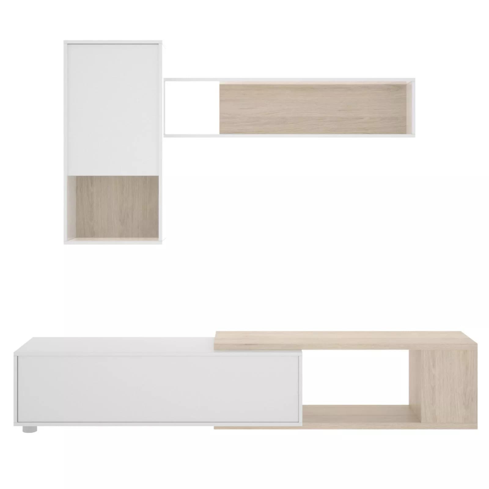 Parete attrezzata 180-230 cm in legno bianco lucido e naturale - Macy