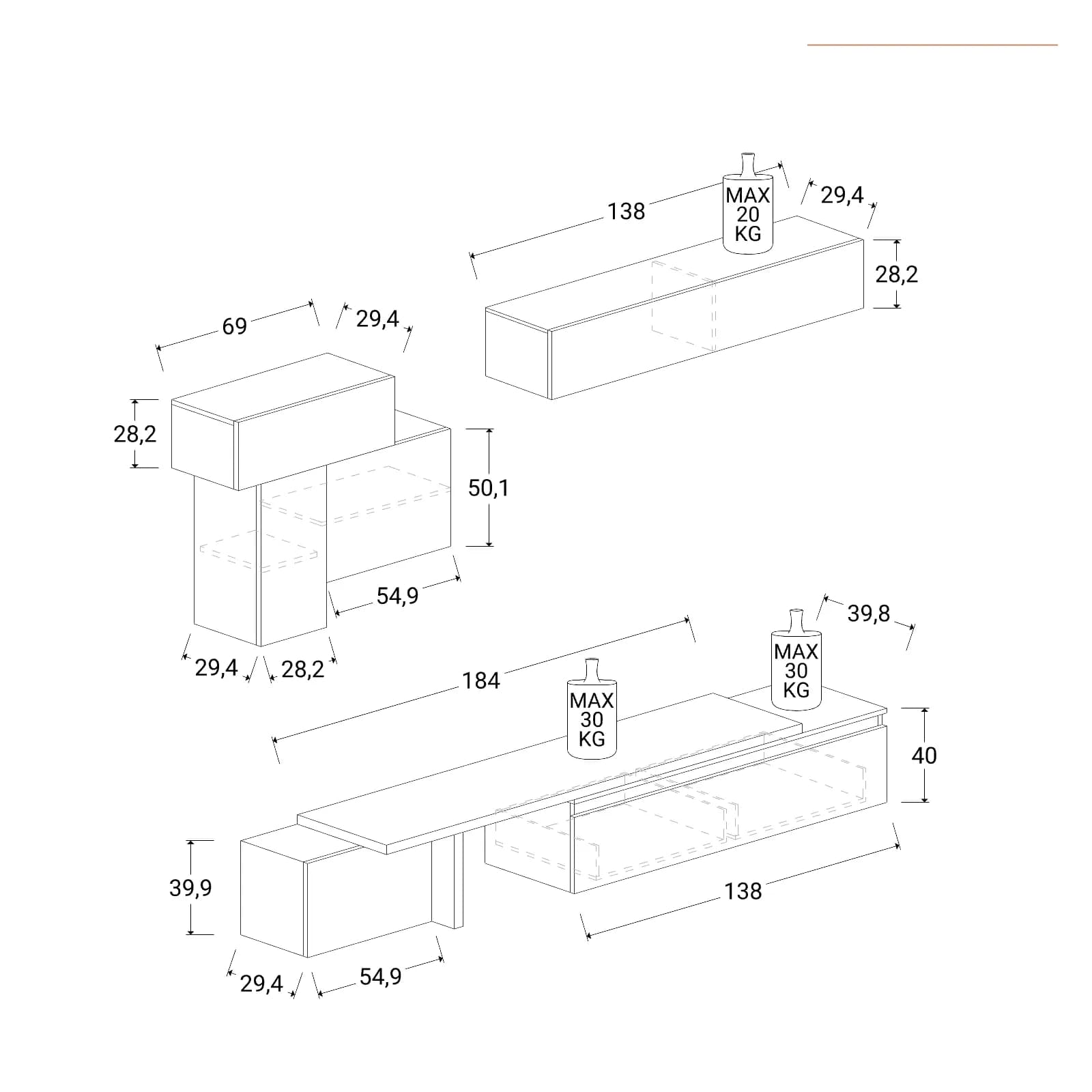 Parete attrezzata 240x40x200h cm argilla lava e mercure - Clary