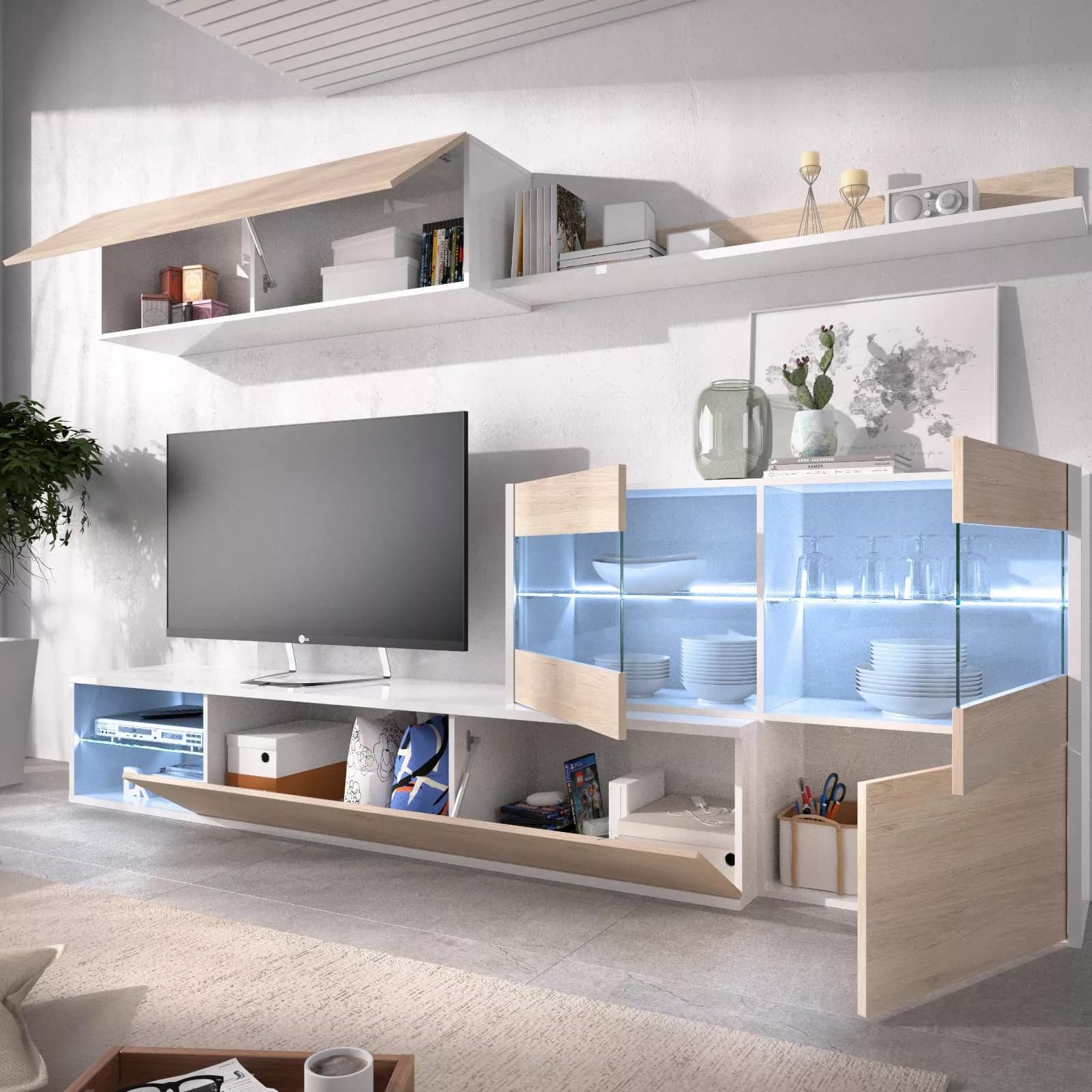 Parete attrezzata 260 cm bianco lucido e naturale con vetrina e luci led - Jolene