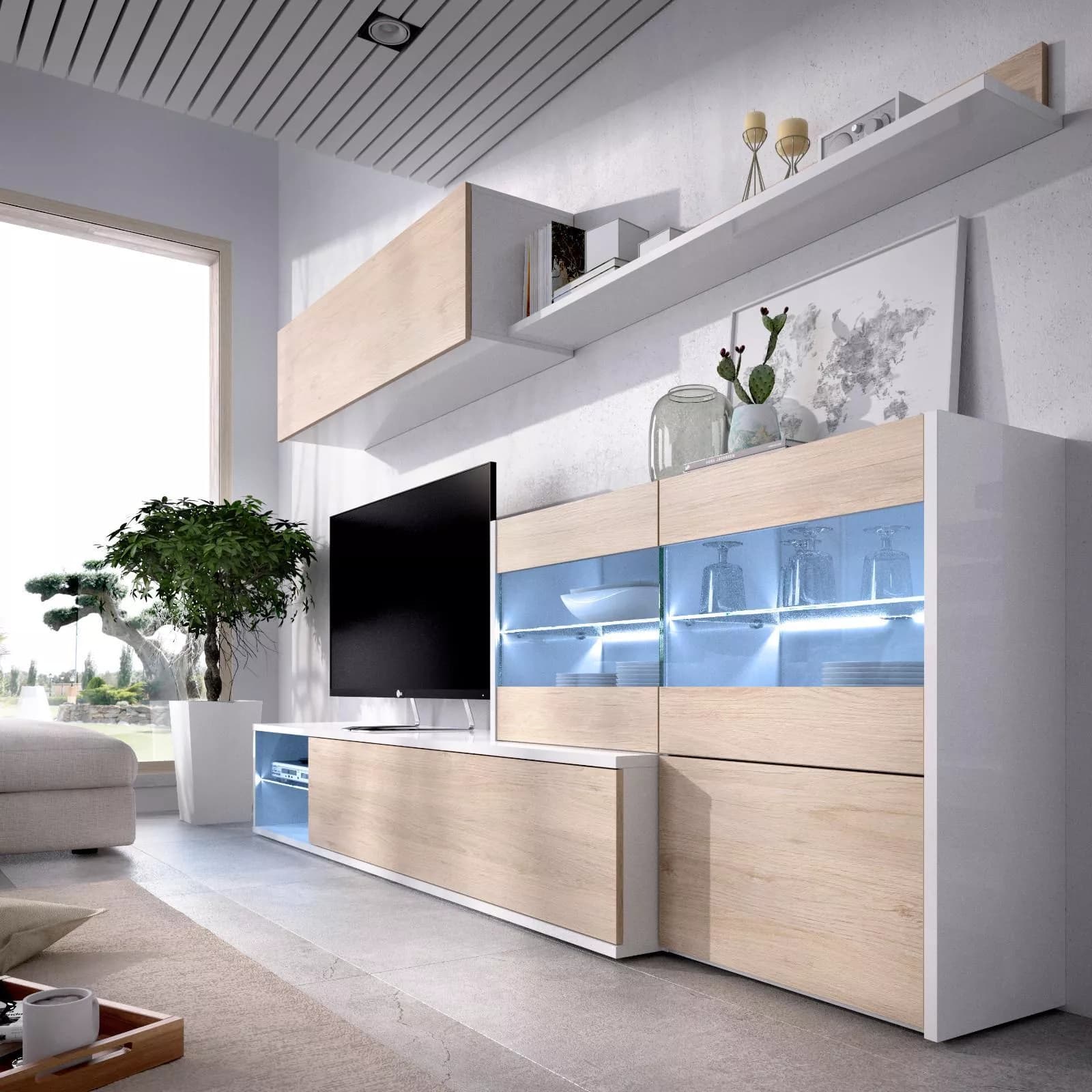 Parete attrezzata 260 cm bianco lucido e naturale con vetrina e luci led - Jolene