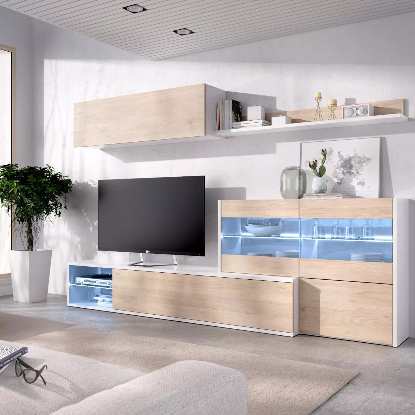 Parete attrezzata 260 cm bianco lucido e naturale con vetrina e luci led - Jolene