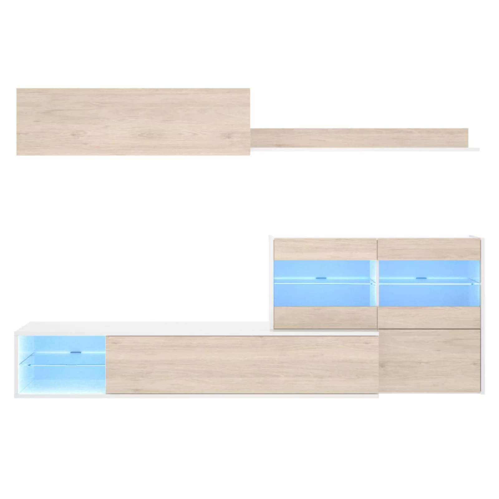 Parete attrezzata 260 cm bianco lucido e naturale con vetrina e luci led - Jolene
