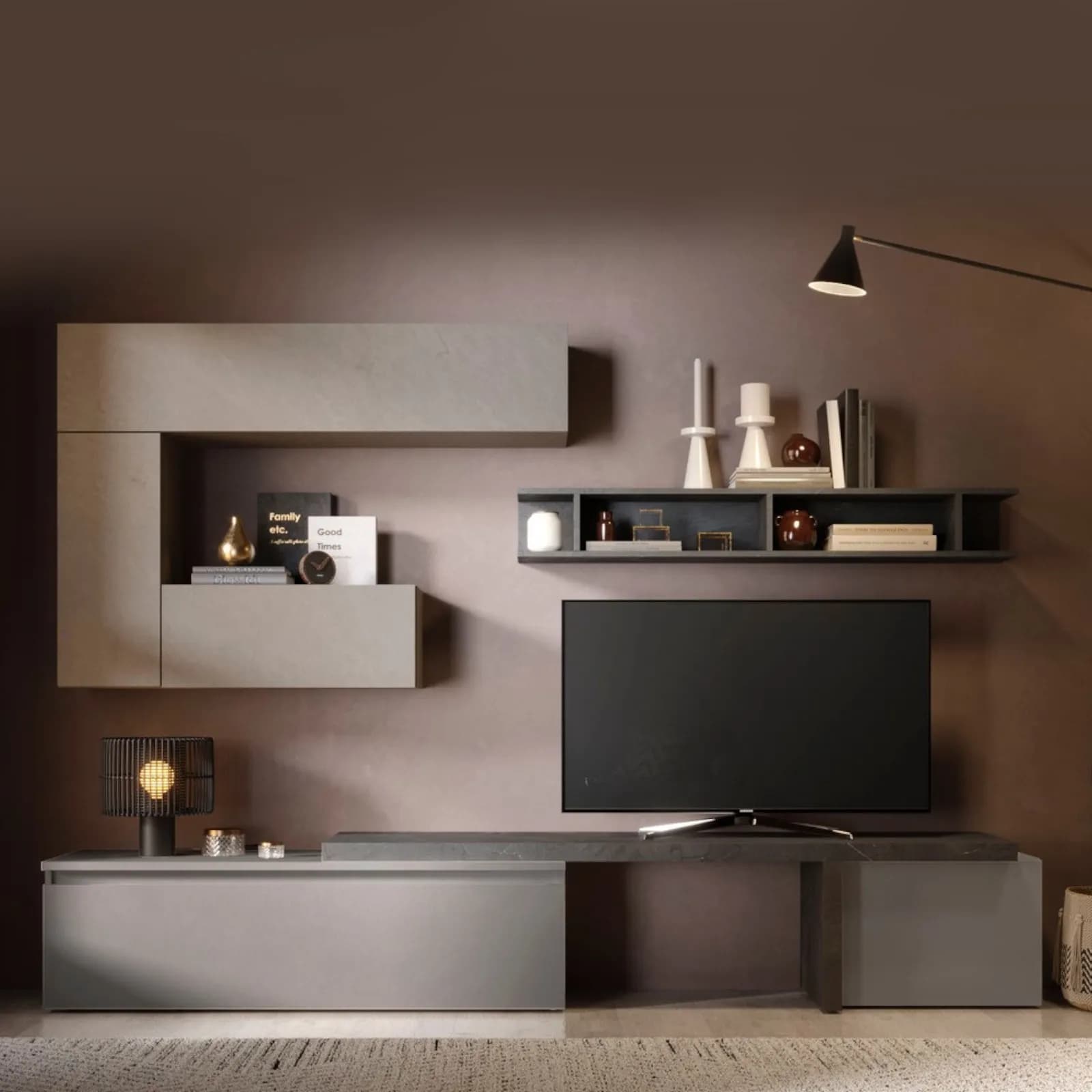 Parete attrezzata 260x40x190h cm argilla piombo e ardesia - Clary