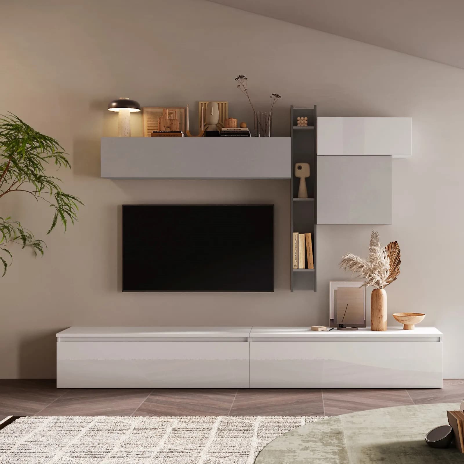 Parete attrezzata 276x40x200h cm ardesia gesso e bianco lucido - Clary