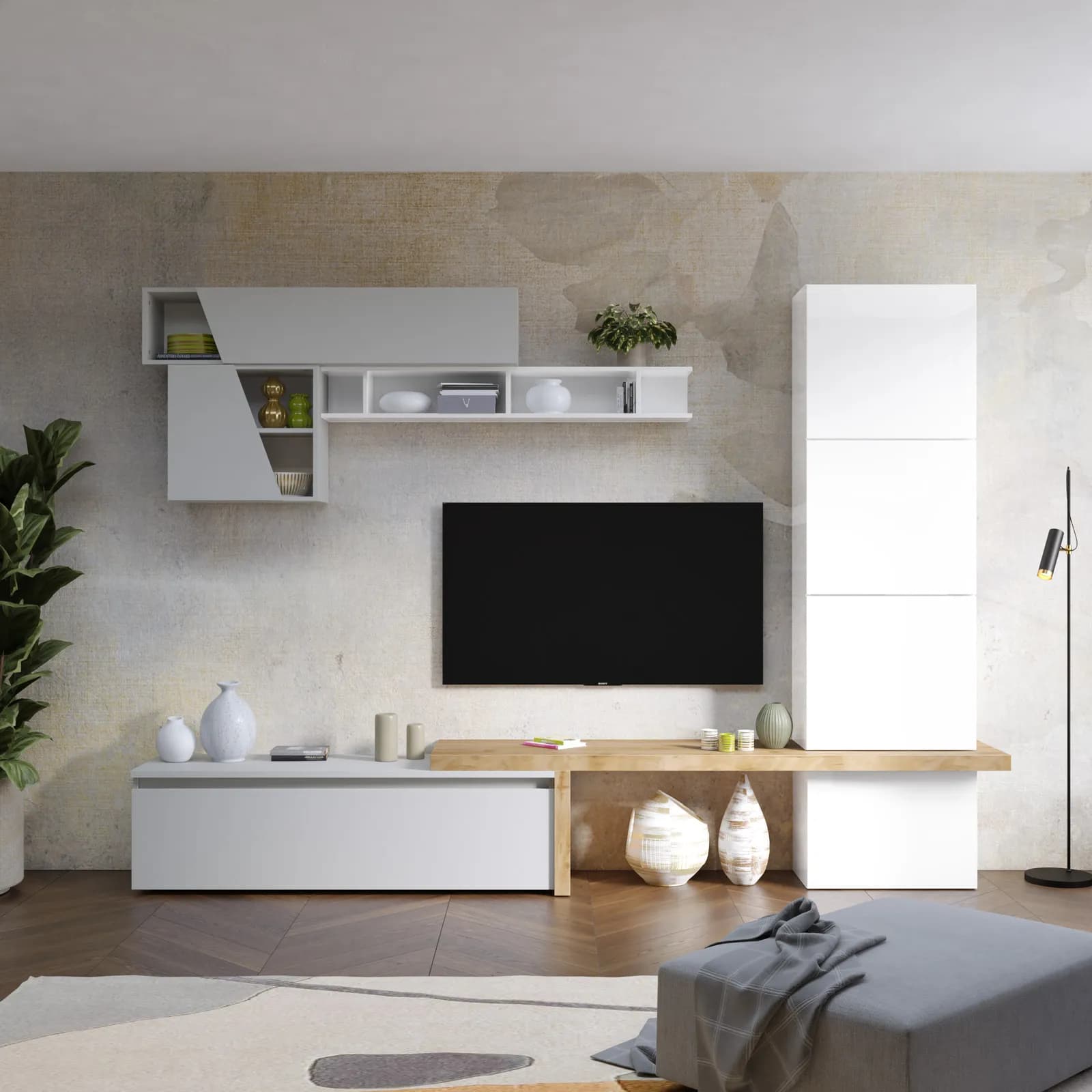 Parete attrezzata 283x40x202h cm bianco lucido cadiz e gesso - Clary
