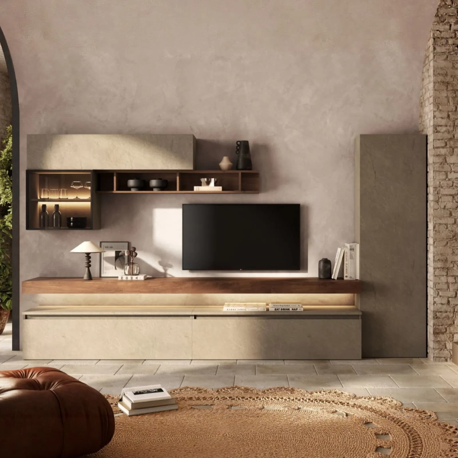 Parete attrezzata 330x186h cm argilla e mercure con vetrina bronzo - Clary