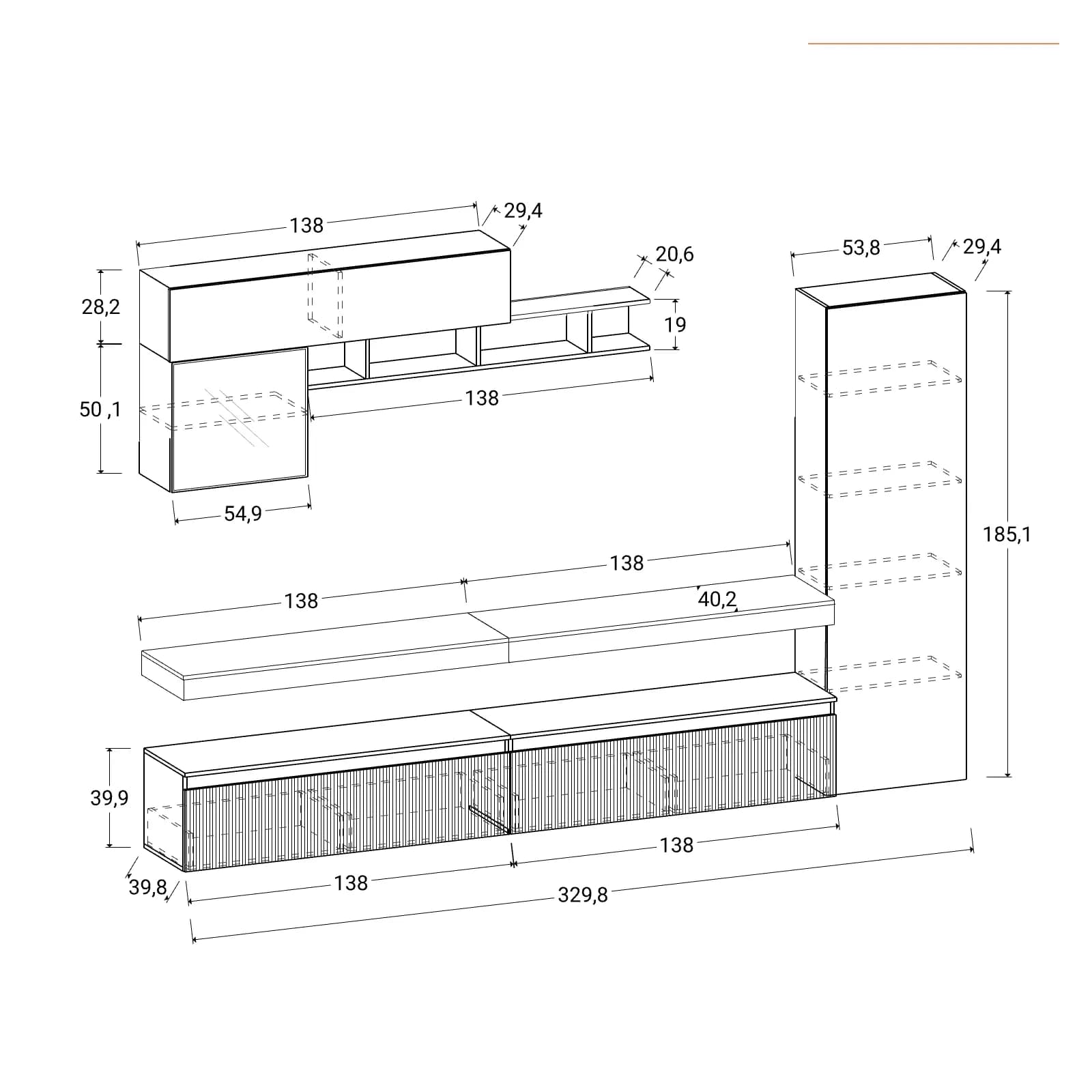 Parete attrezzata 330x186h cm argilla e mercure con vetrina bronzo - Clary