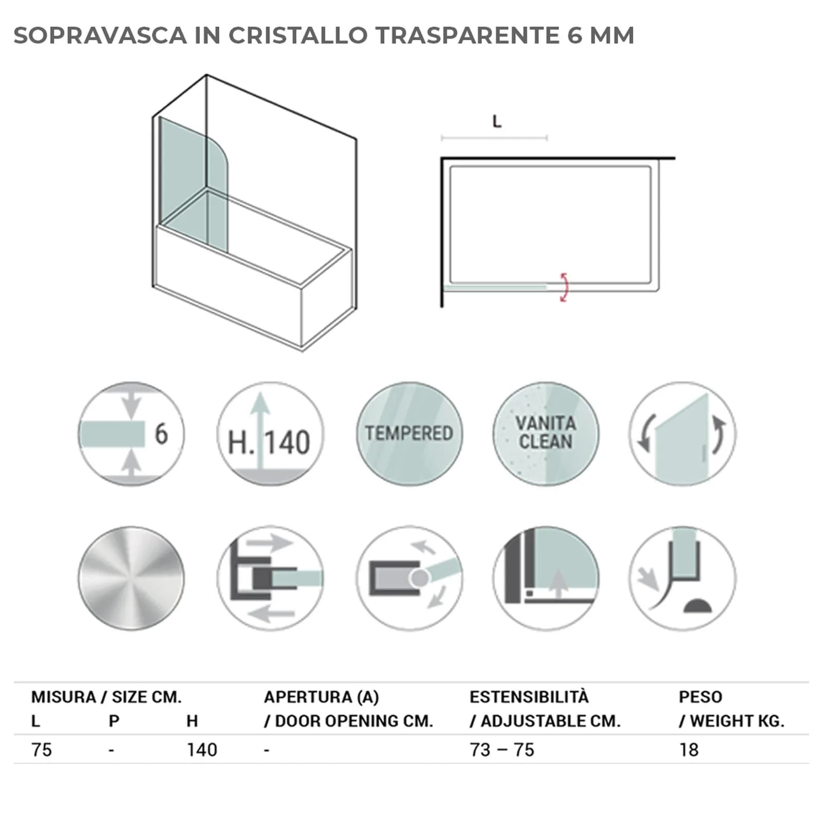 Parete sopravasca 75 cm girevole altezza 140h cm in cristallo trasparente anticalcare - Tempo Evo