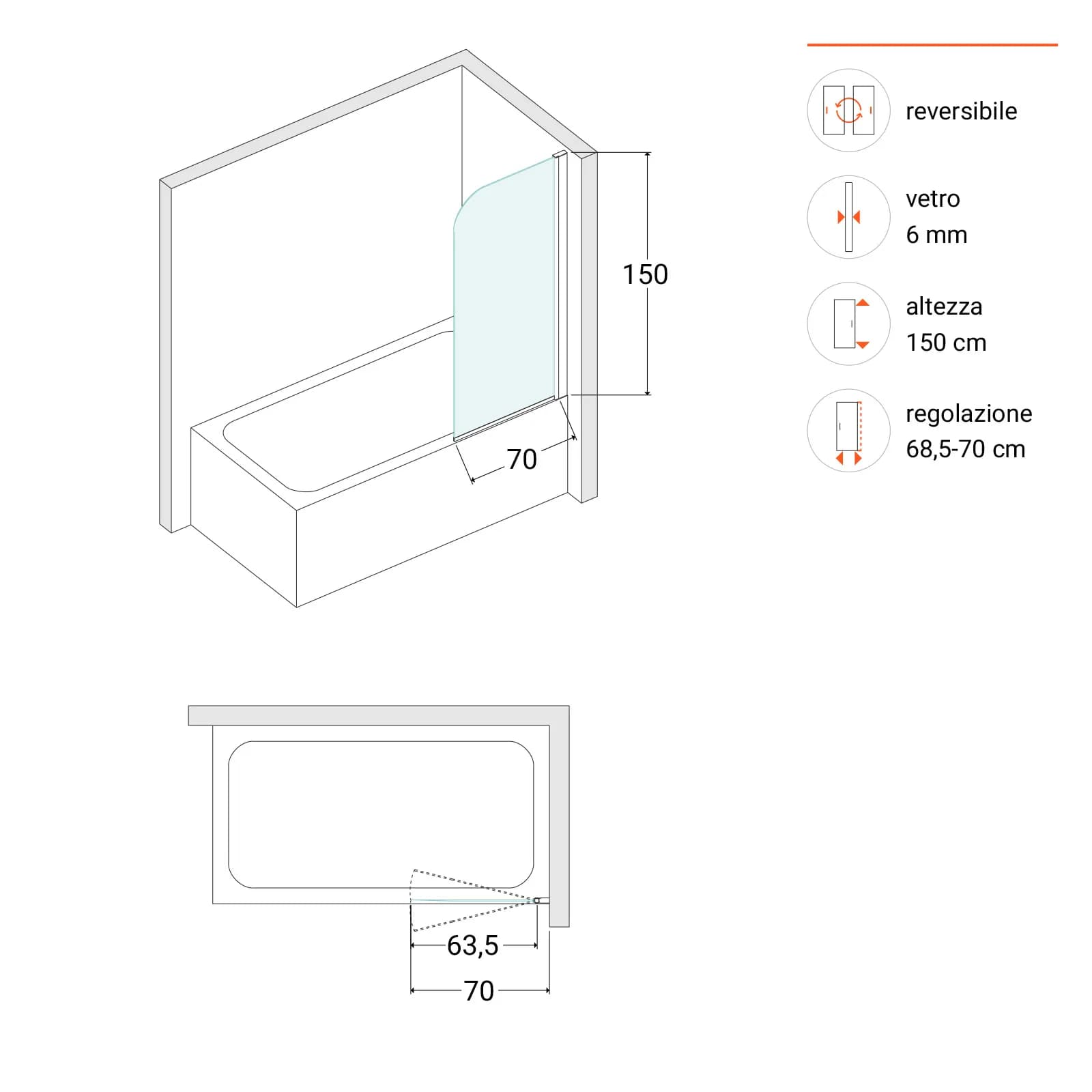Parete sopravasca girevole 70 cm vetro temperato trasparente anticalcare profilo cromo - Iside