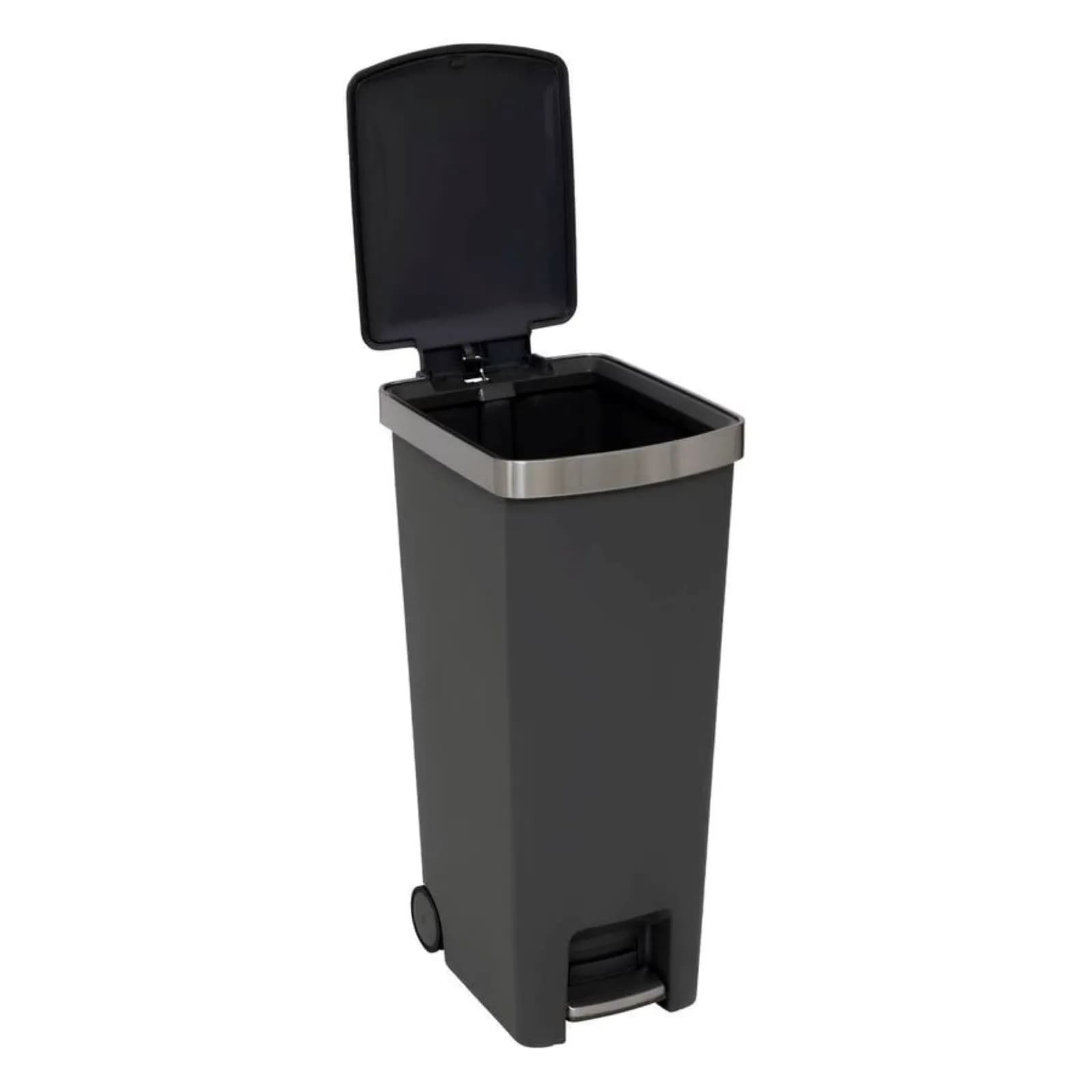 Pattumiera 45L in polipropilene grigio e acciaio inox con ruote