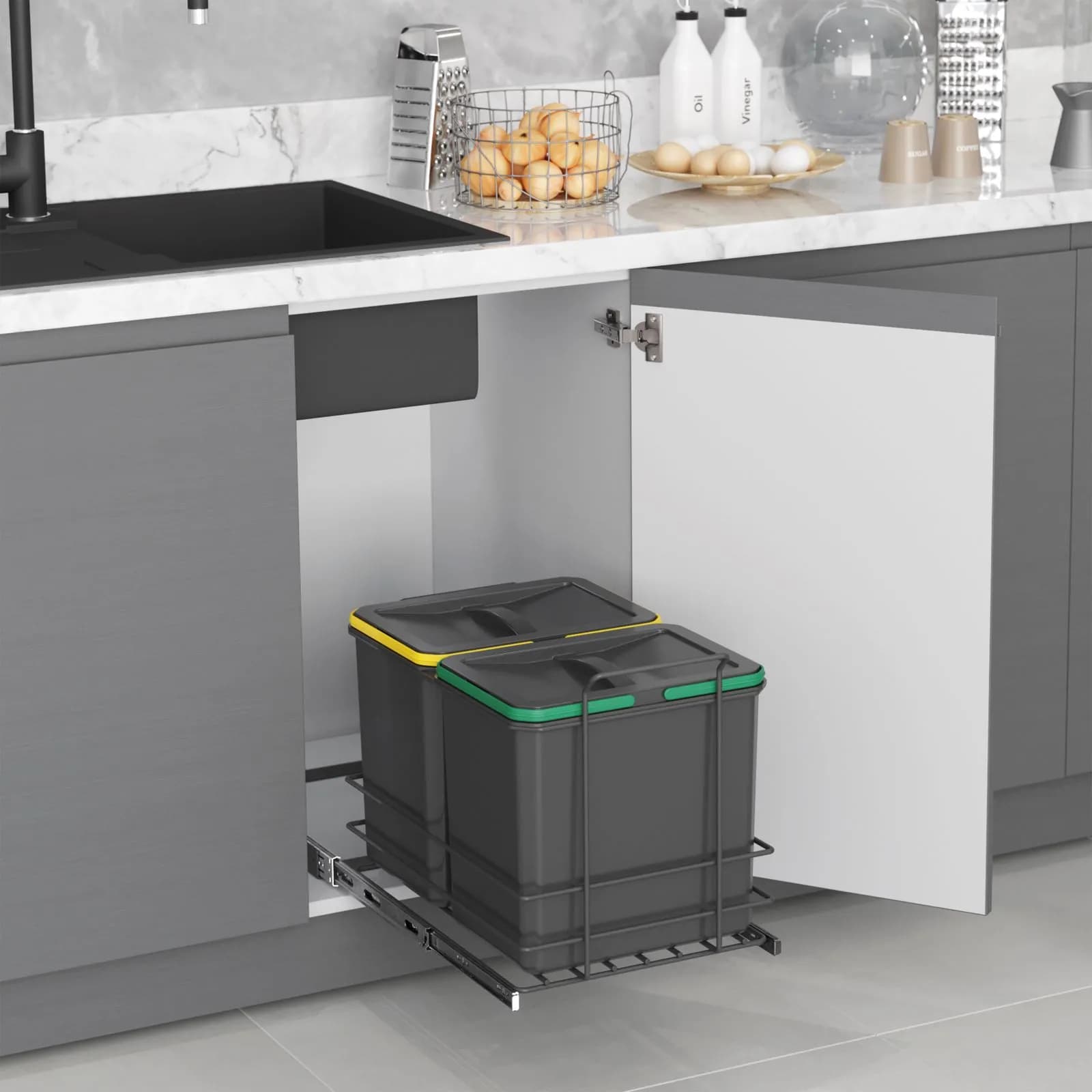 Pattumiera estraibile 34x38h cm con 2 bidoni per raccolta differenziata antracite - Binny