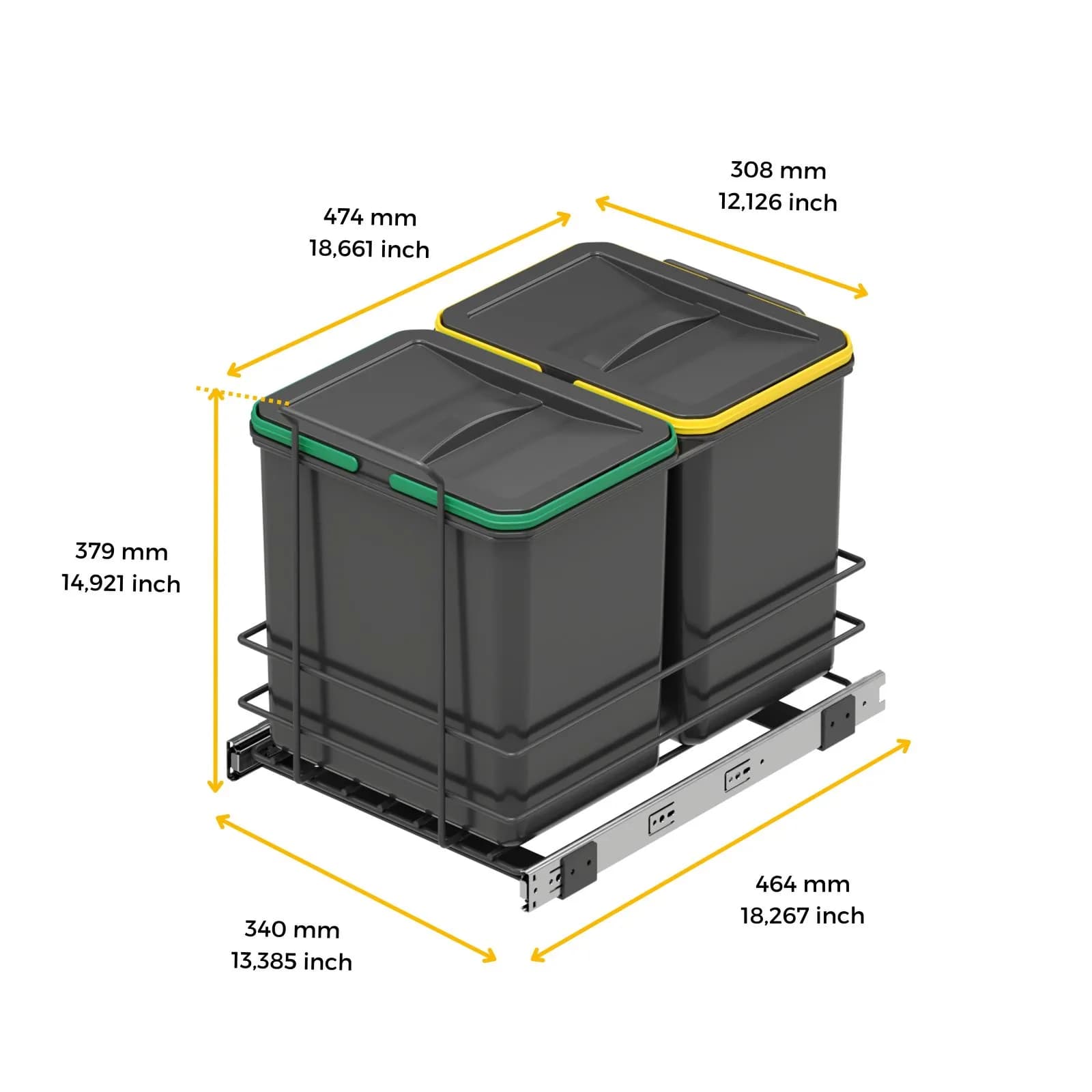 Pattumiera estraibile 34x38h cm con 2 bidoni per raccolta differenziata antracite - Binny