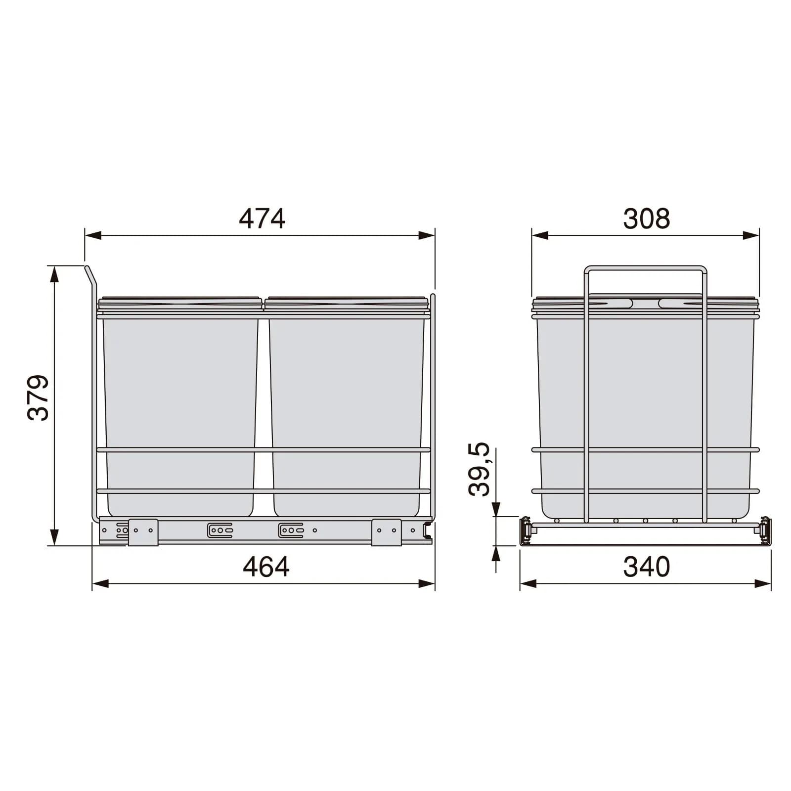 Pattumiera estraibile 34x38h cm con 2 bidoni per raccolta differenziata antracite - Binny