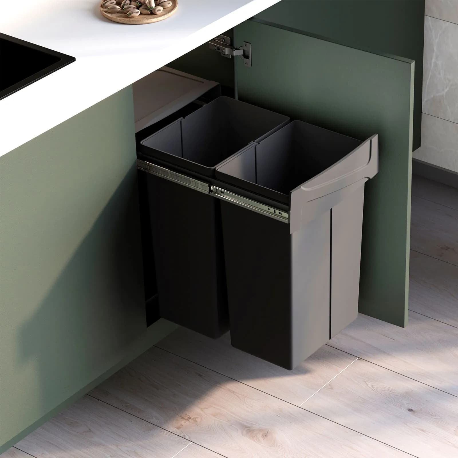 Pattumiera estraibile 36x52h cm con 2 bidoni per raccolta differenziata antracite - Binny