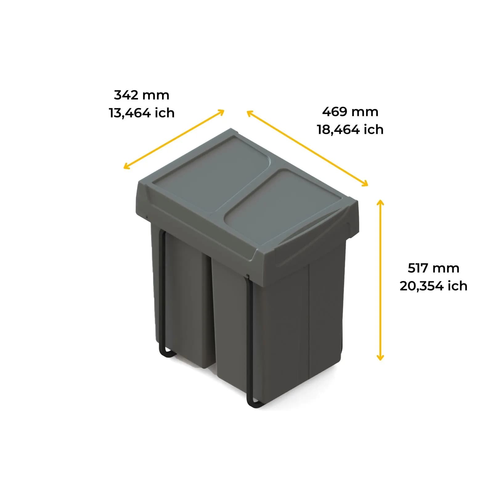 Pattumiera estraibile 36x52h cm con 2 bidoni per raccolta differenziata antracite - Binny