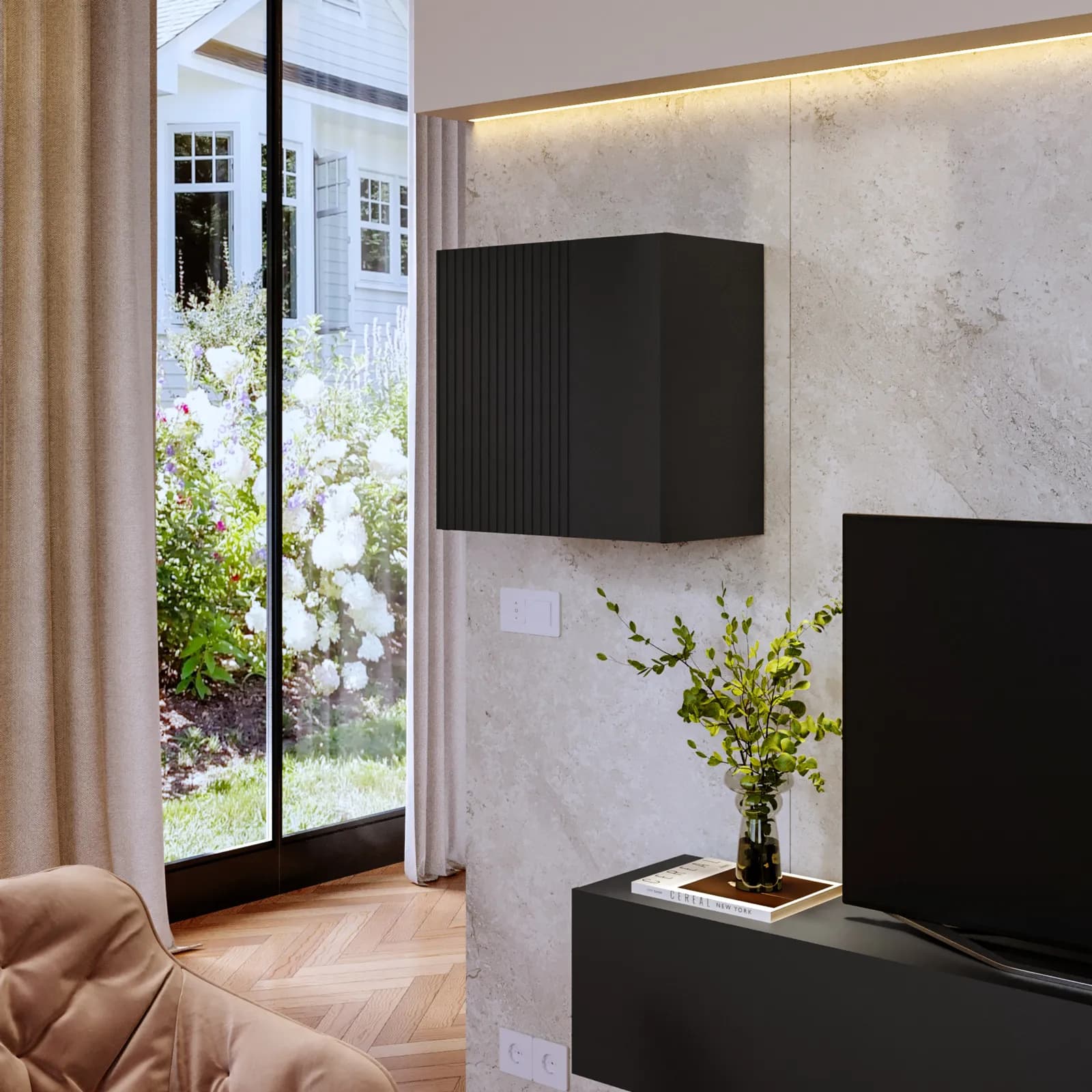 Pensile 50x50h cm nero opaco cannettato con 1 anta - Ingrid