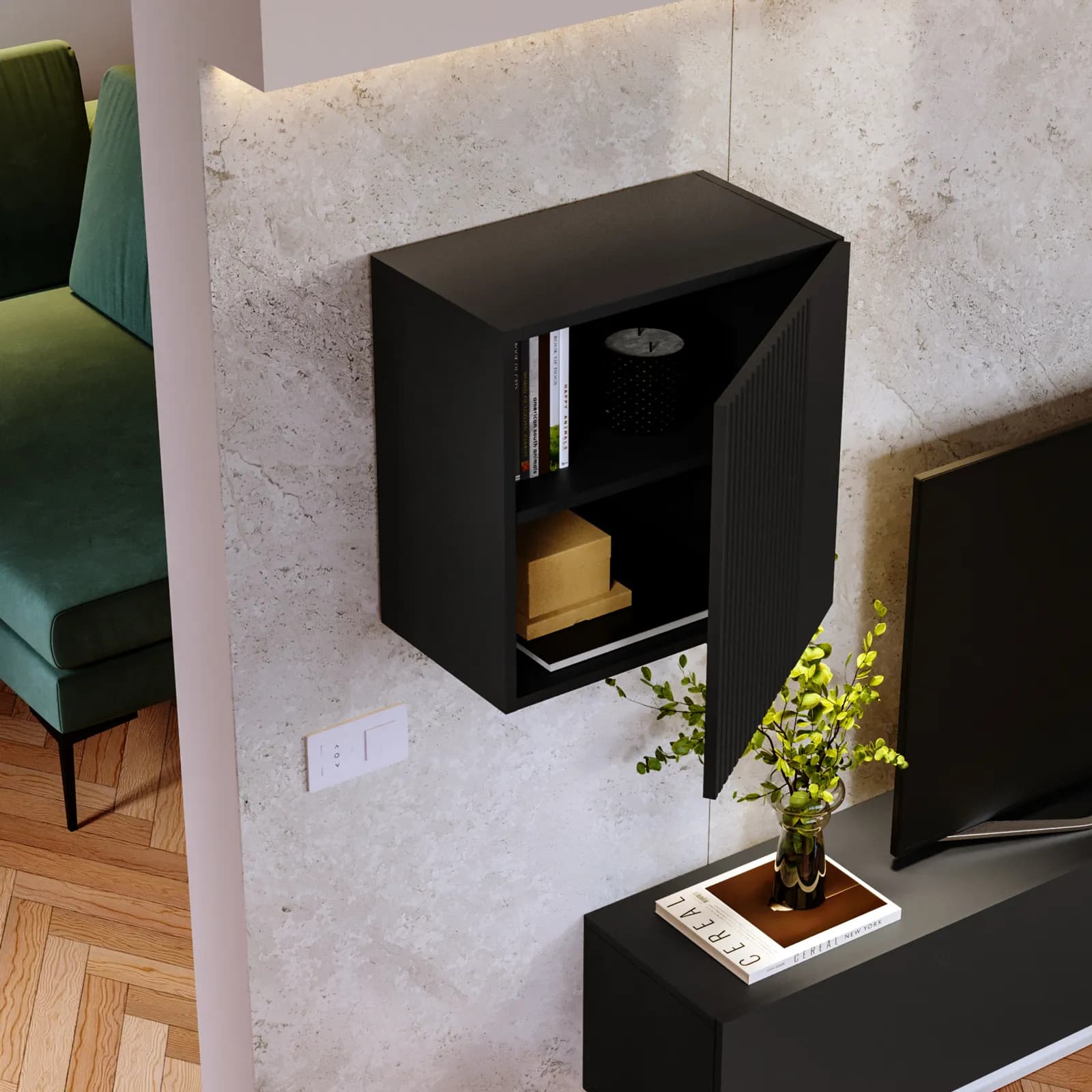Pensile 50x50h cm nero opaco cannettato con 1 anta - Ingrid