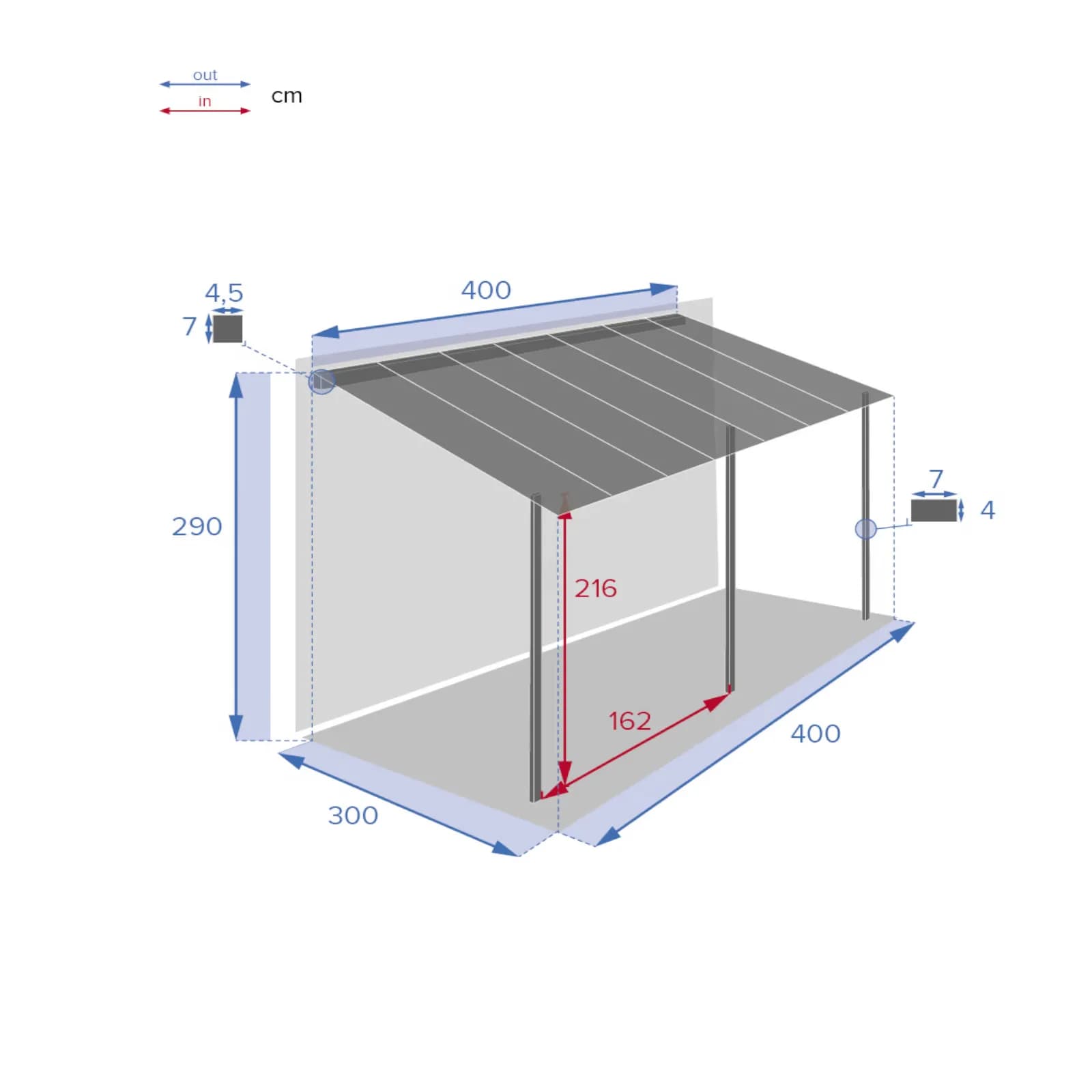 Pergola a muro 4x3 m in alluminio grafite e tetto in policarbonato - Shine