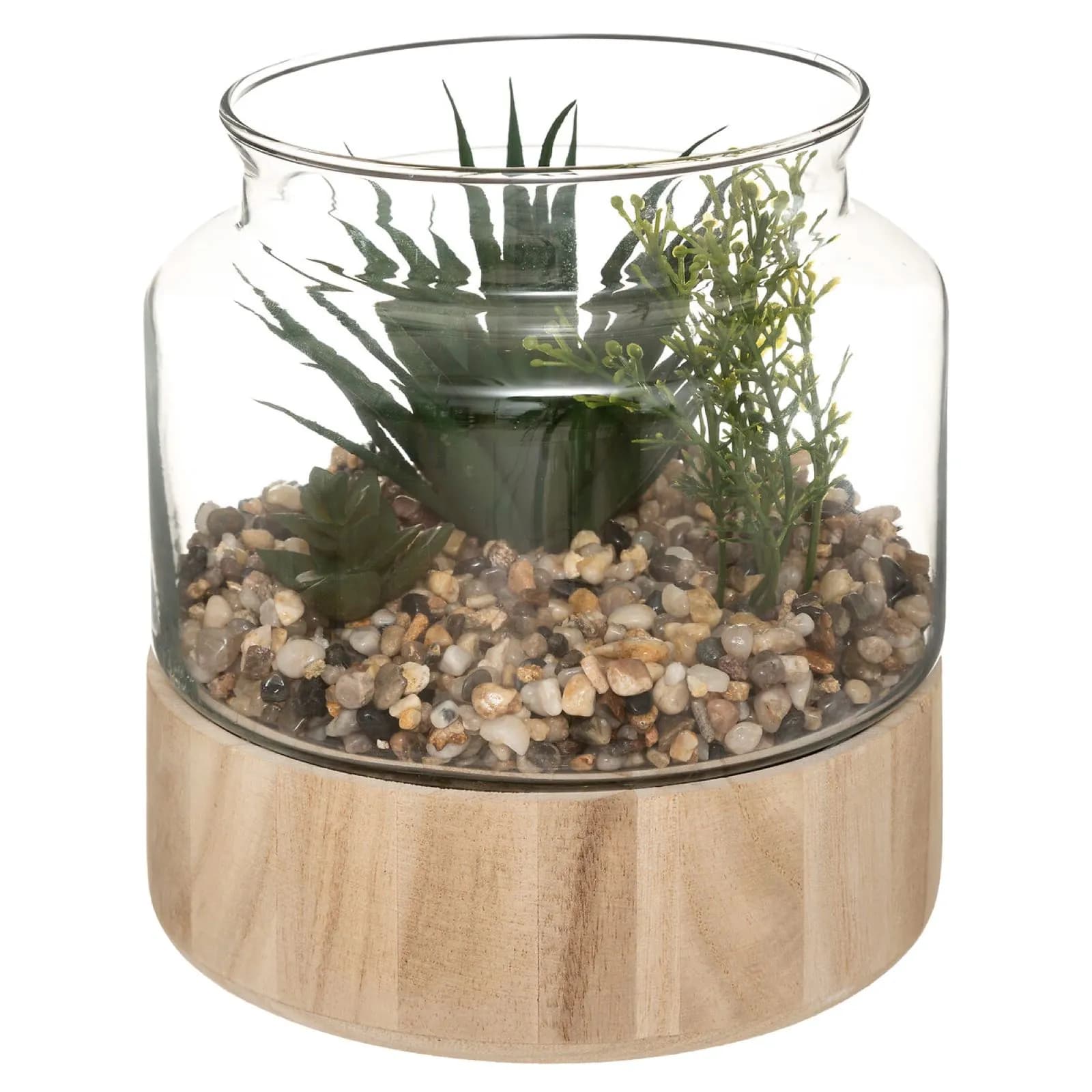 Pianta artificiale 17h cm in vaso di vetro e legno