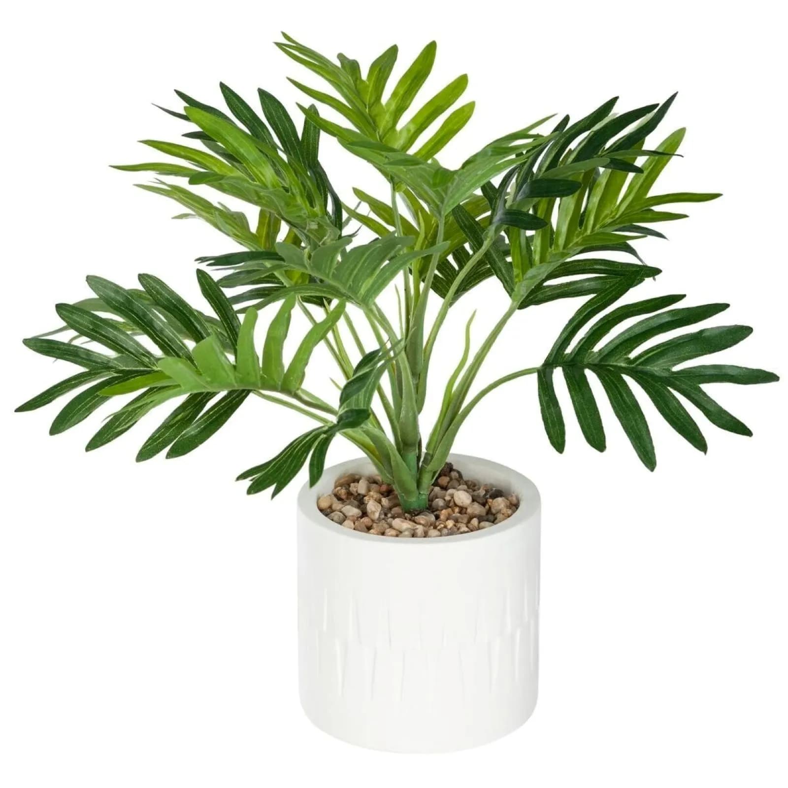 Pianta artificiale di palma 30h cm in vaso bianco decorato con pietre di fiume