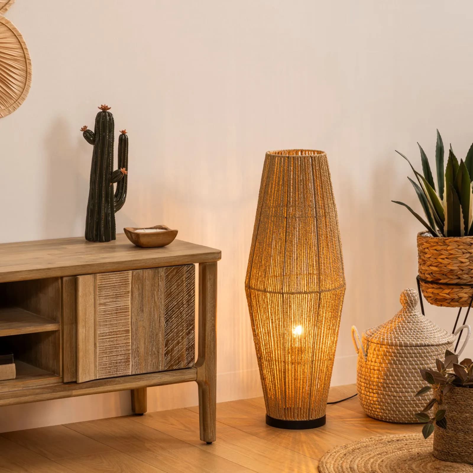 Piantana 83h cm in legno e intreccio in corda naturale
