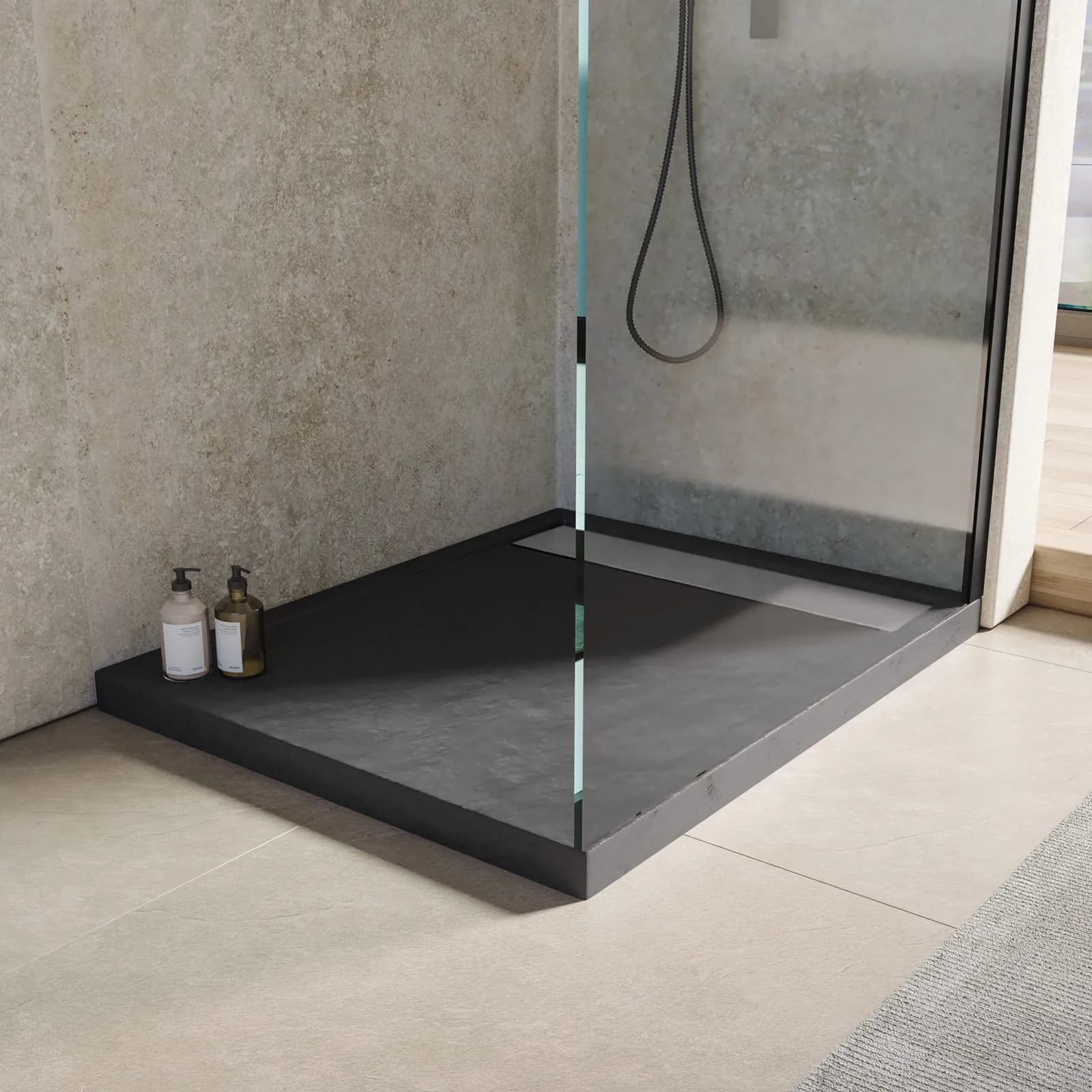 Piatto doccia 100x70 cm in acrilico effetto pietra antracite con canalina in acciaio - Denb