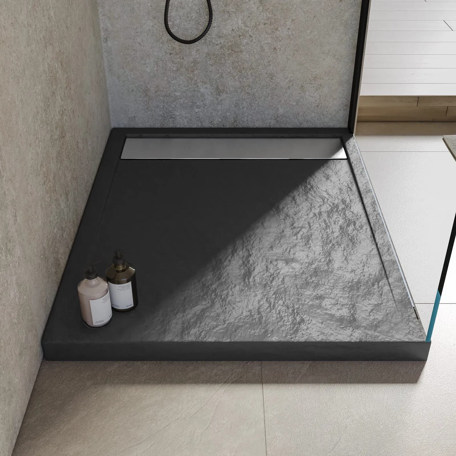 Piatto doccia 100x70 cm in acrilico effetto pietra antracite con canalina in acciaio - Denb